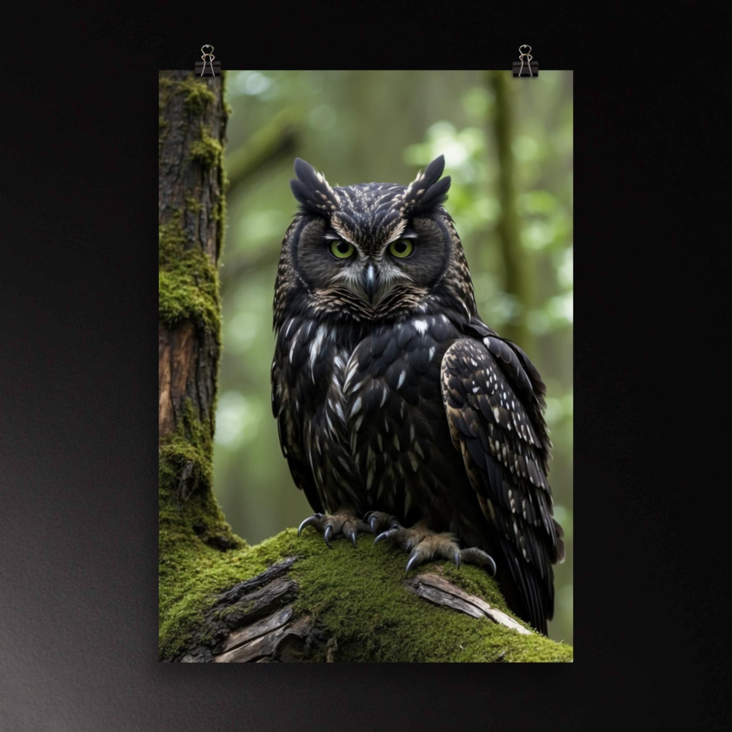 Poster einer Eule auf moosigem Baumstamm im Wald – eindrucksvolle Wandkunst mit intensivem Blick und natürlicher Waldatmosphäre