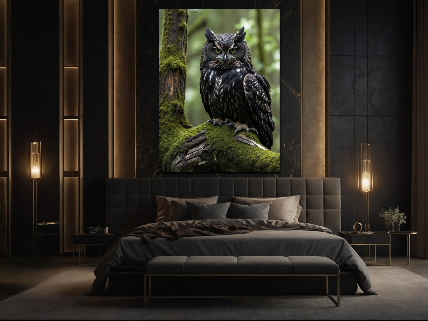 Poster einer Eule auf moosigem Baumstamm als ruhige Wandkunst über dem Bett in elegantem Schlafzimmer