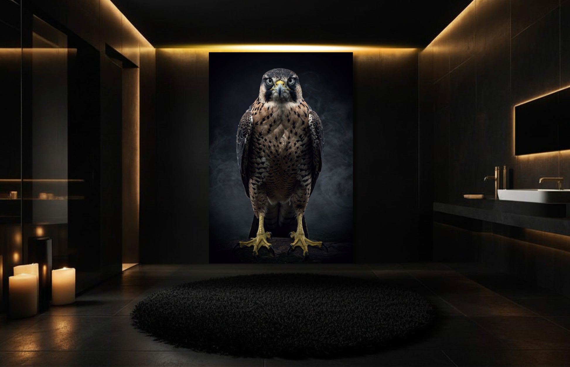 Falke im Nebel Wandkunst auf Leinwand 32x48 Zoll in elegantem Badezimmer mit warmer Beleuchtung