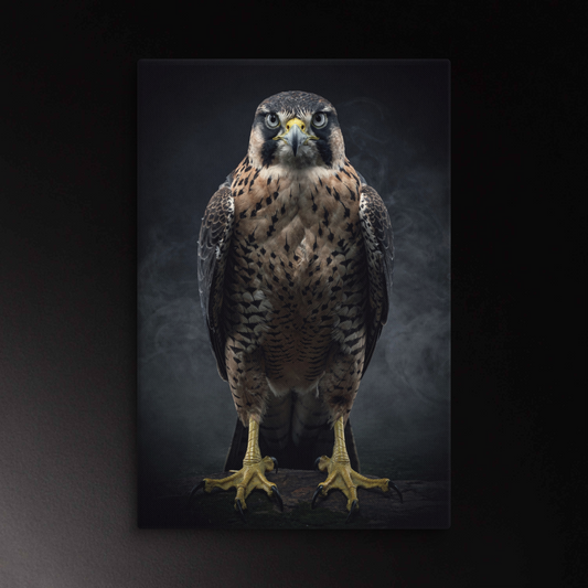Falke im Nebel Wandkunst auf Leinwand 32x48 – realistisches Falkenportrait mit intensivem Blick