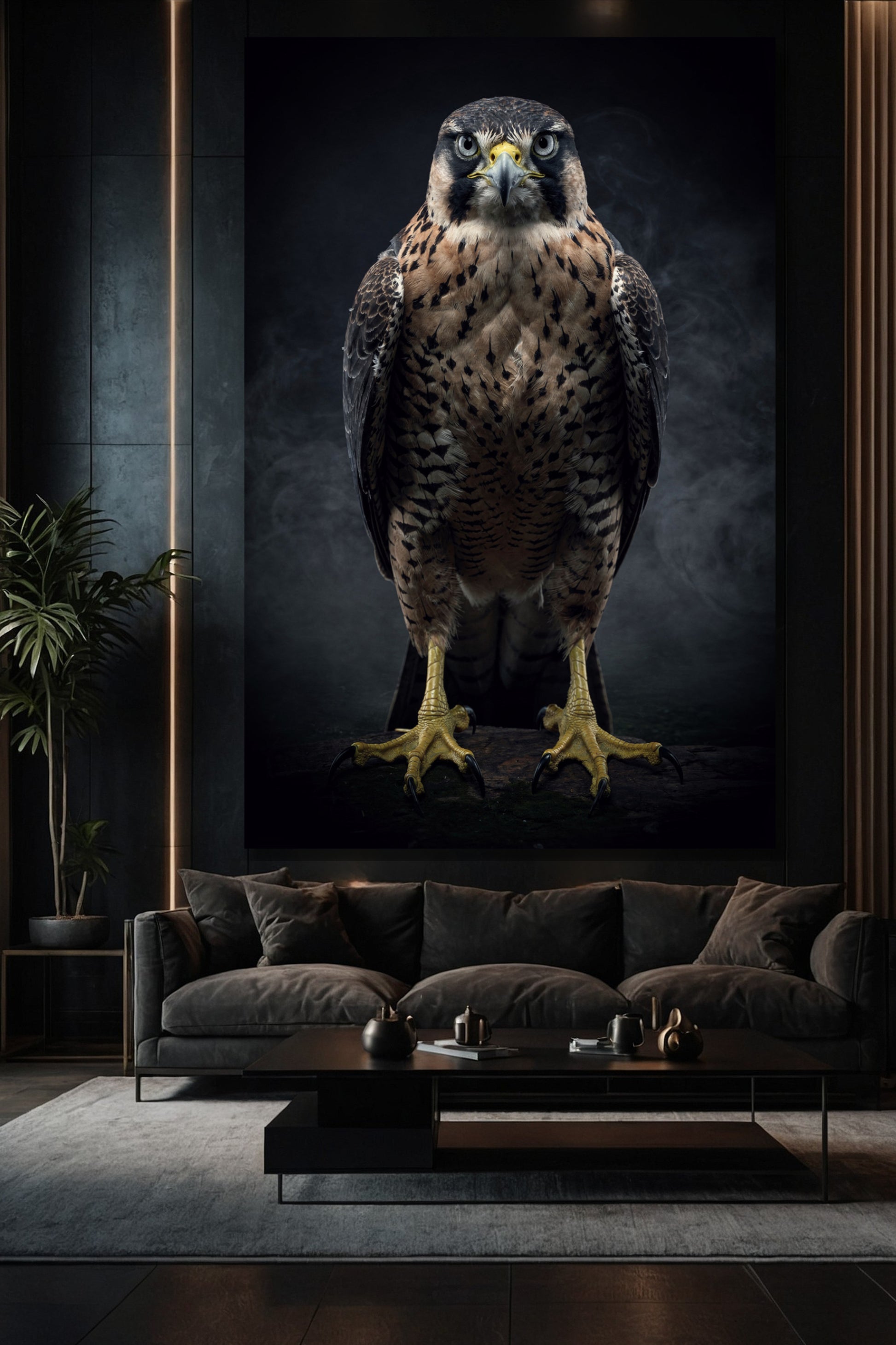 Falke im Nebel als Wandkunst auf Leinwand im Format 32x48 Zoll über einem Sofa in elegantem Wohnzimmer mit dunkler Wand
