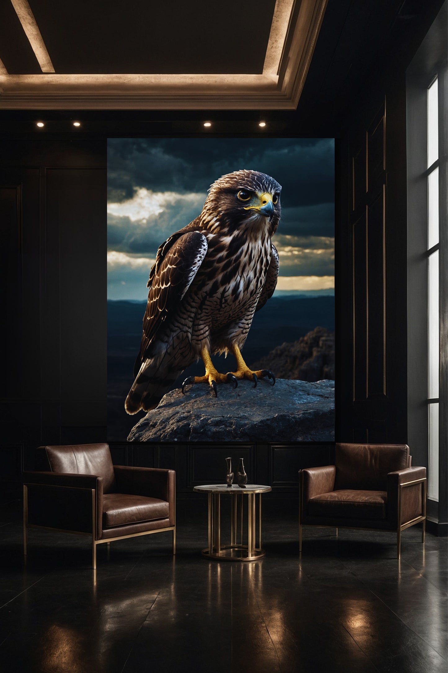 Falke Wandkunst auf Leinwand 40x60 Zoll in moderner Galerie mit dramatischem Sturmhimmel, intensiver Blick und hochwertiger Ausstellungsatmosphäre