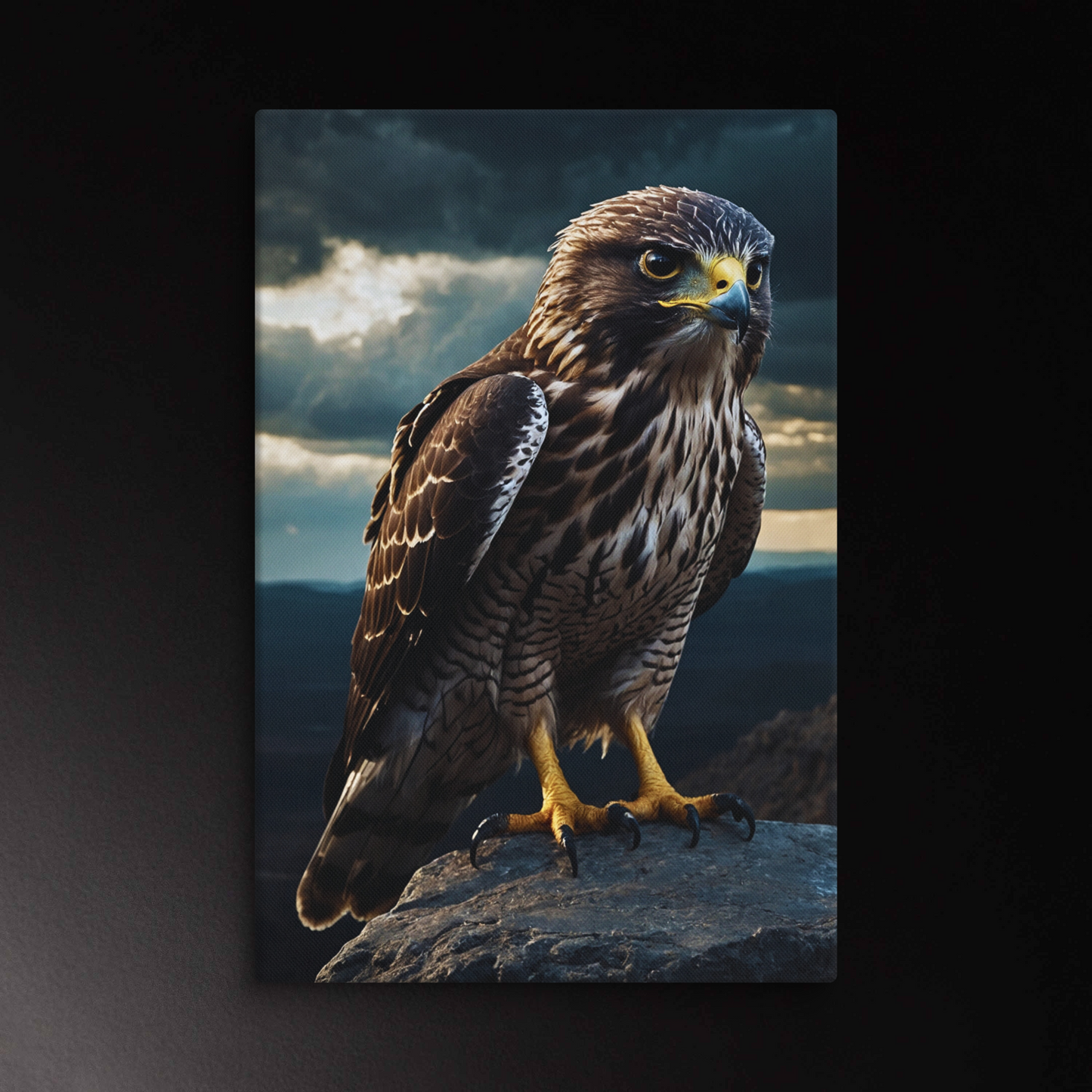 Falke auf Leinwand 40x60 Zoll mit intensivem Blick, dramatischem Sturmhimmel und detailreicher Federstruktur