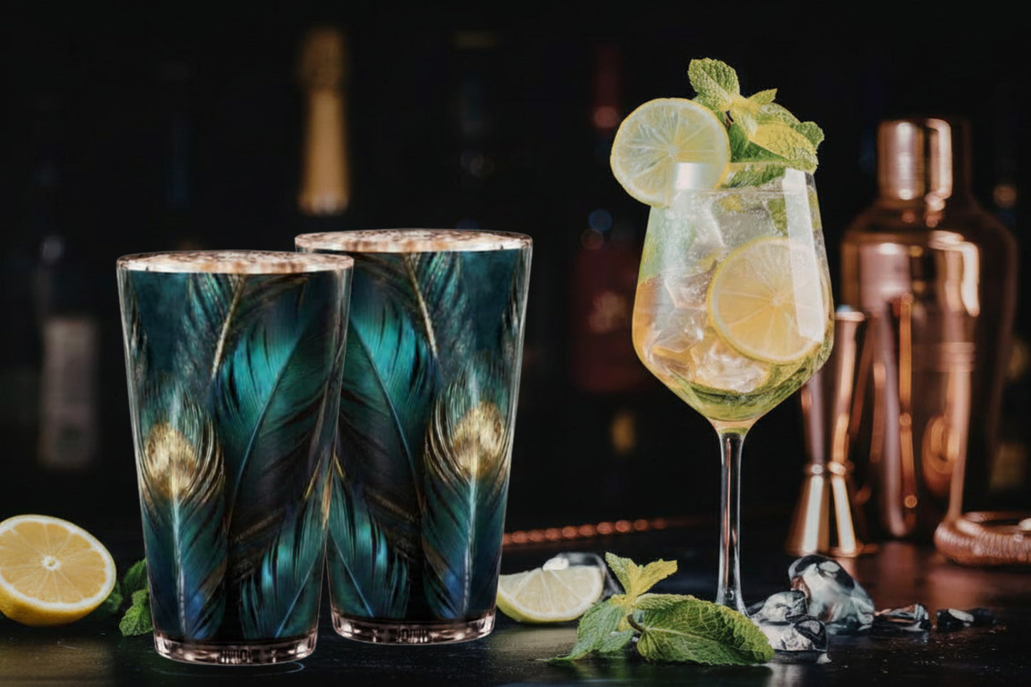 2-er Set Gläser mit türkis-goldenem Federmotiv auf einer stilvollen Cocktailbar neben einem Zitronen-Cocktail und Barzubehör