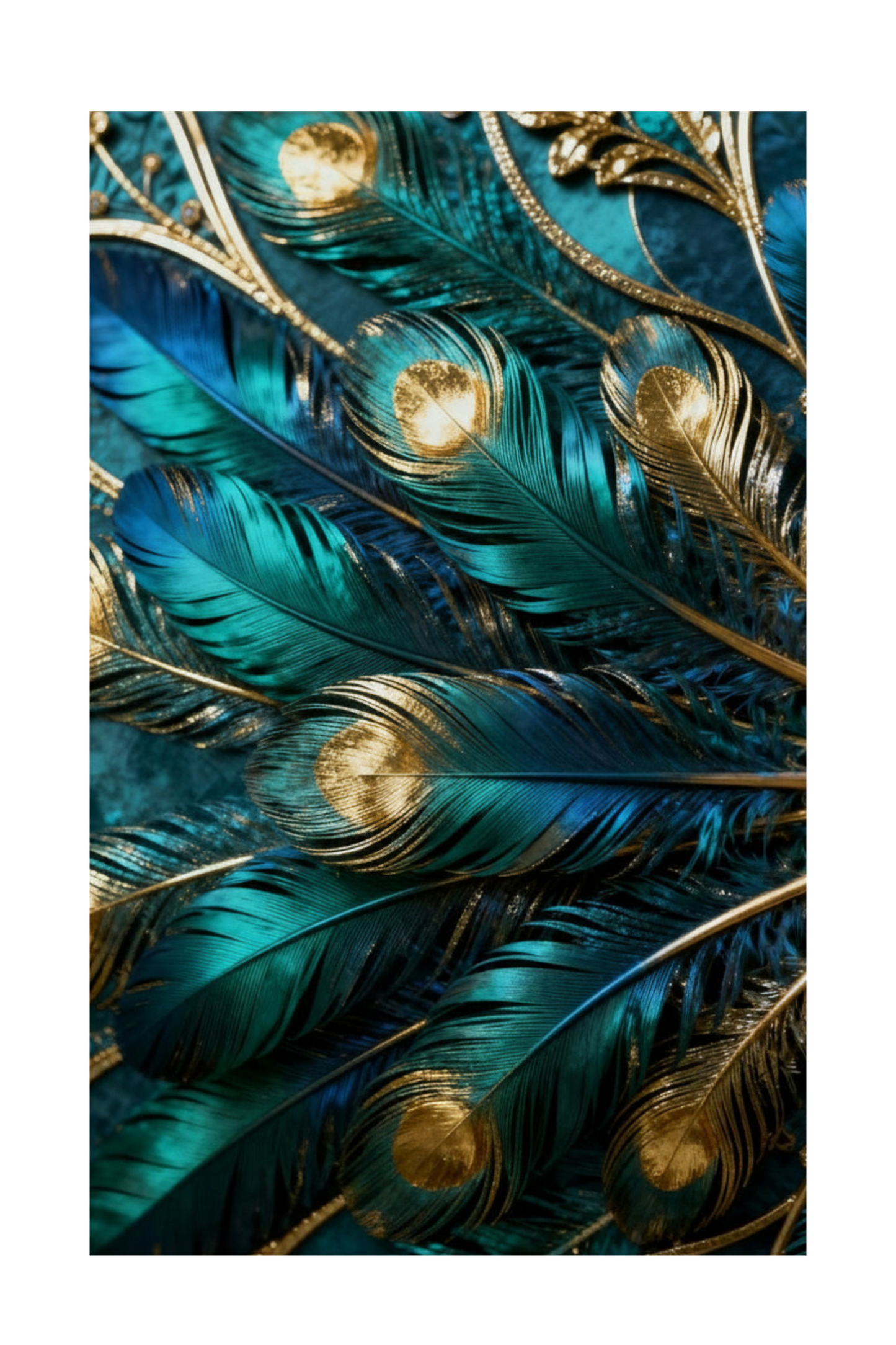Transparentes Federmotiv in Türkis und Gold für das Glasdesign