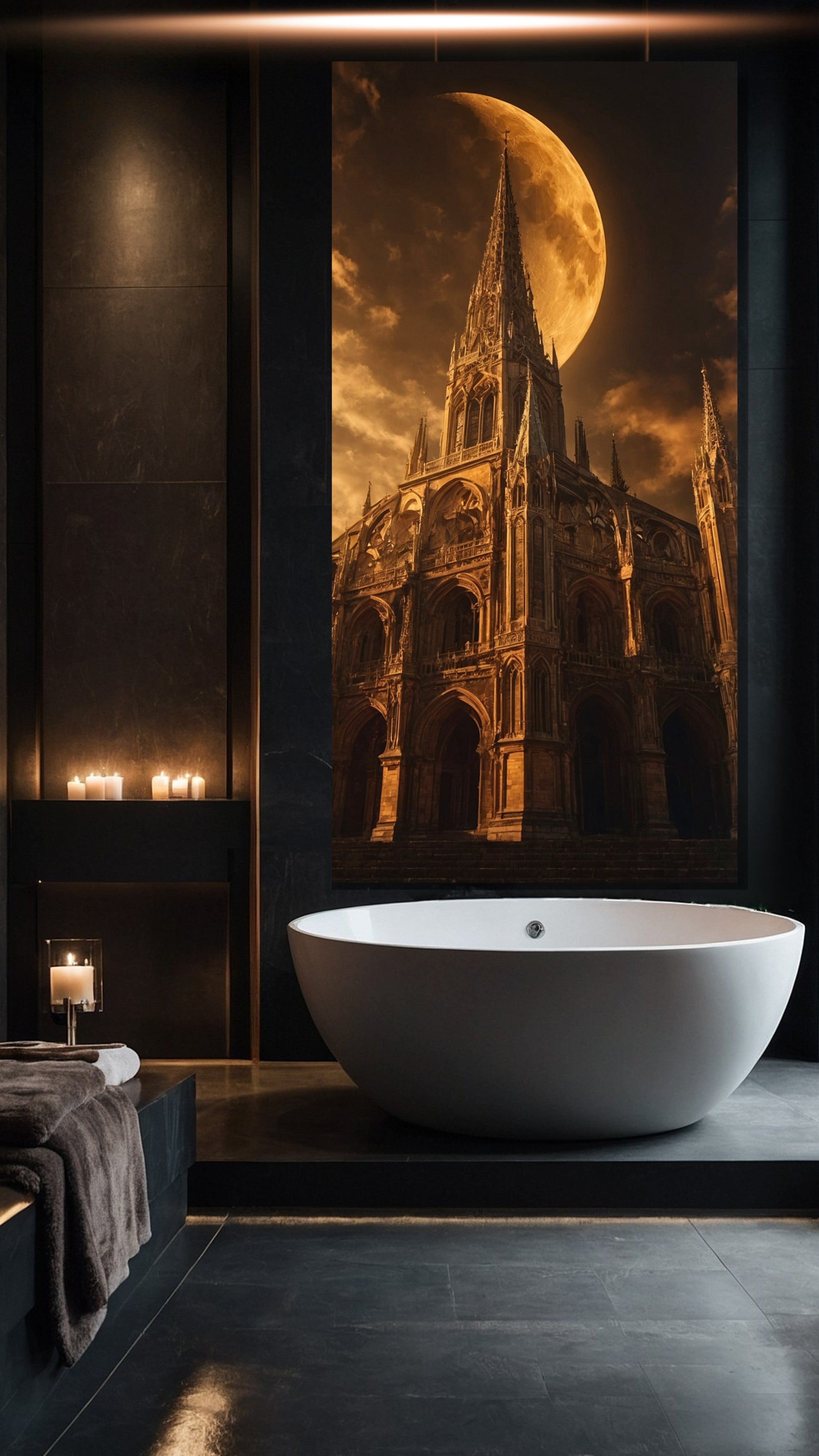 Mystische gotische Kathedrale unter Vollmond als Leinwandbild im eleganten Badezimmer