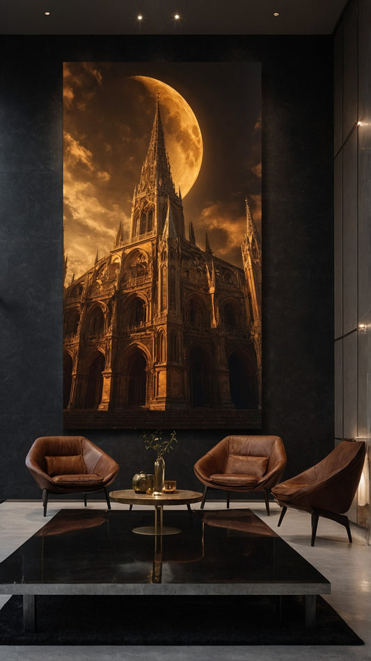 Mondbeschienene Kathedrale als Wandkunst Leinwand im Format 40x60 Zoll in moderner Galerie Einrichtung