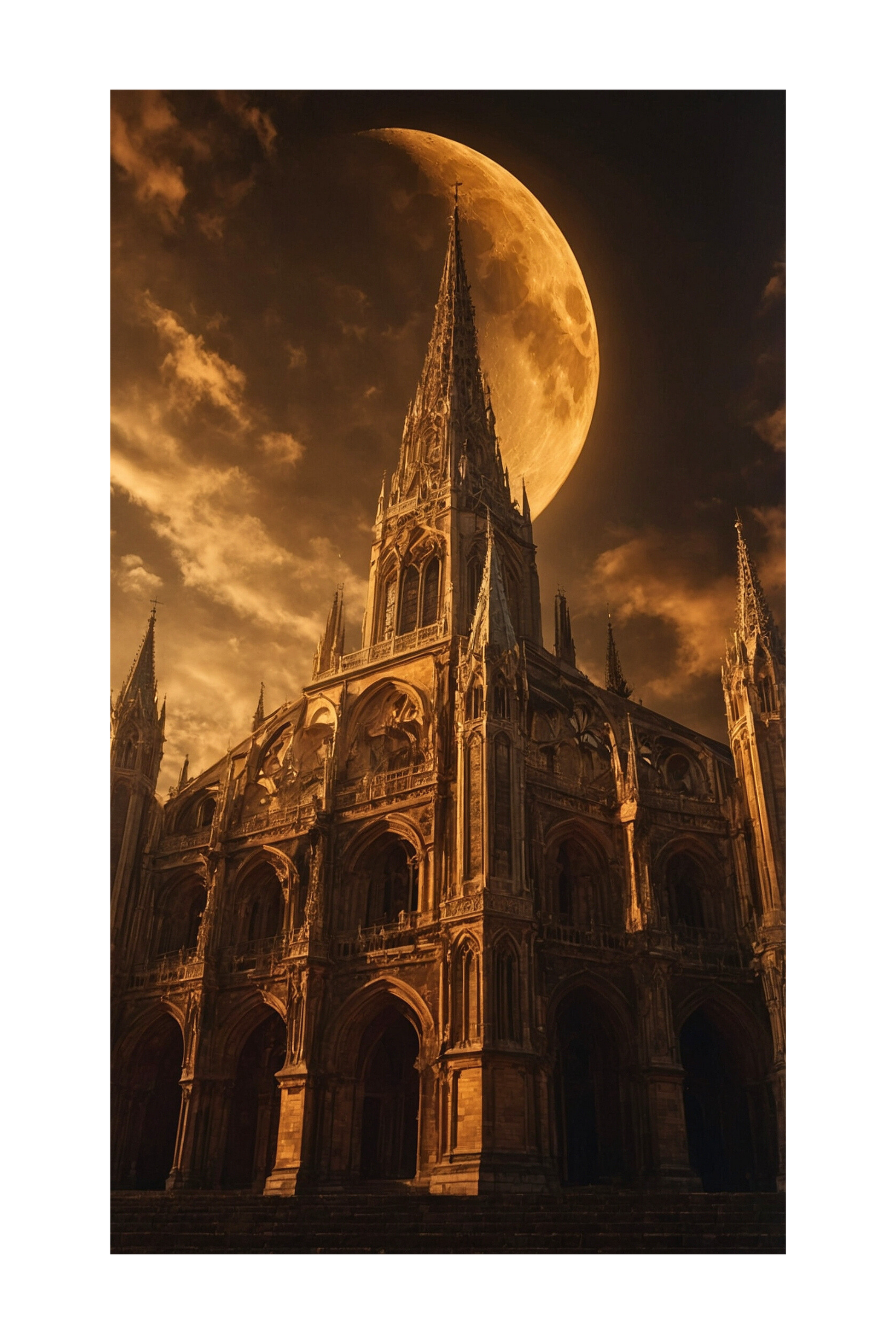 Freigestellte Darstellung einer Kathedrale unter goldenem Vollmond für Leinwand im Format 40x60 Zoll