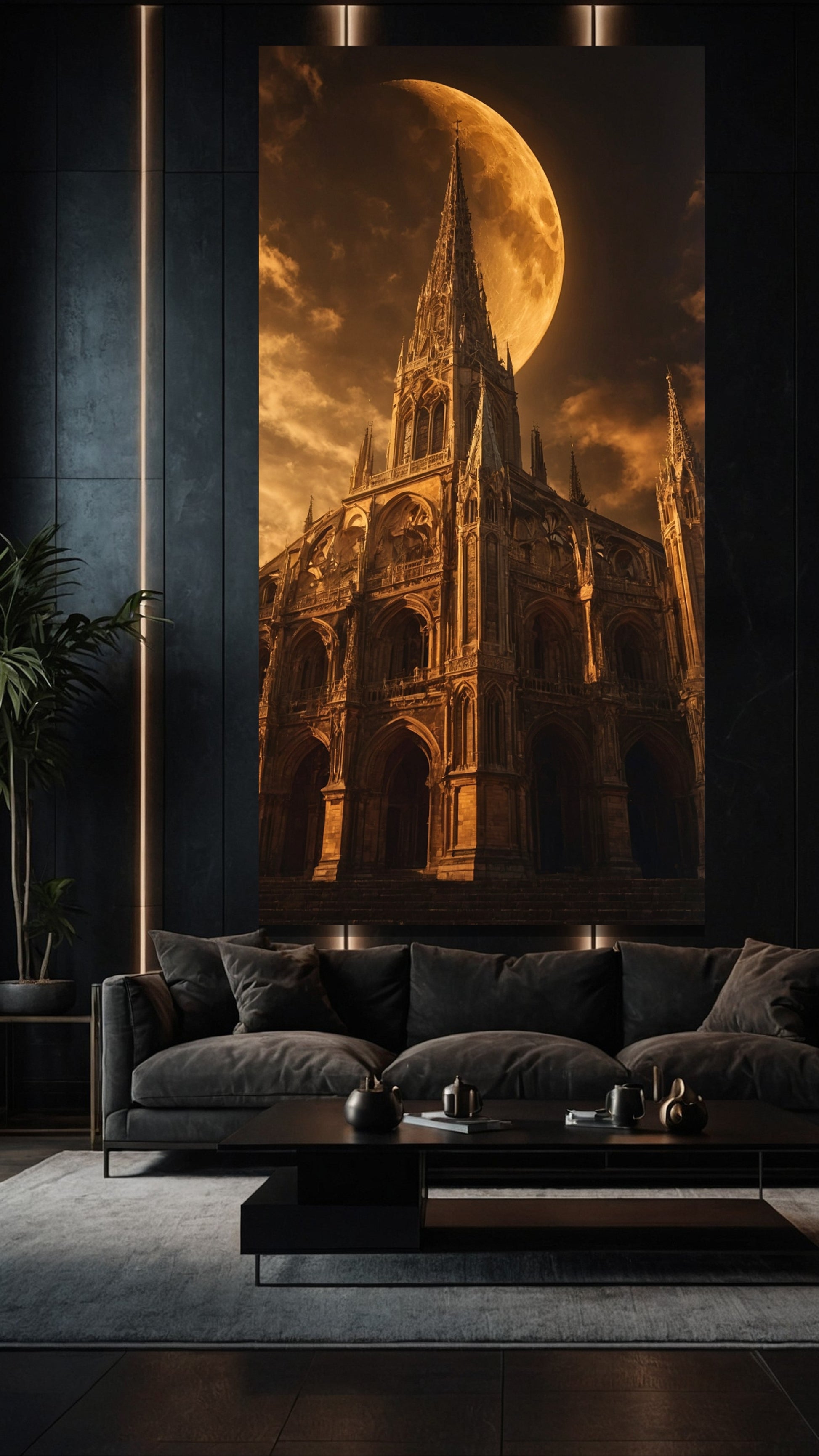 Kathedrale unter goldenem Mond als große Leinwand Wandkunst im Wohnzimmer