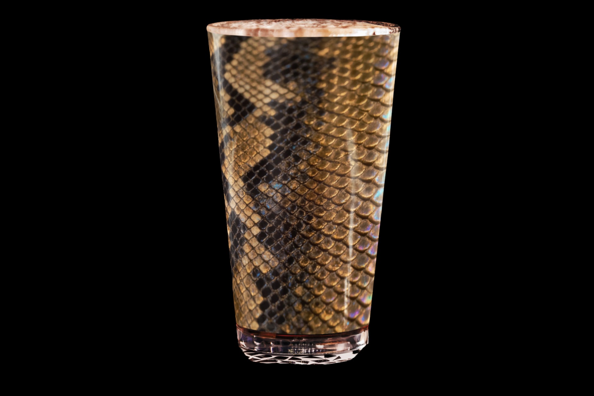 Modernes Pint-Glas mit gold-schwarzer Reptilienoptik und glänzender Tiefenwirkung