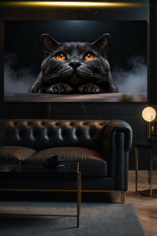 Graue Katze Leinwand im Querformat über dunklem Ledersofa in elegantem Wohnzimmer mit dunkler Einrichtung