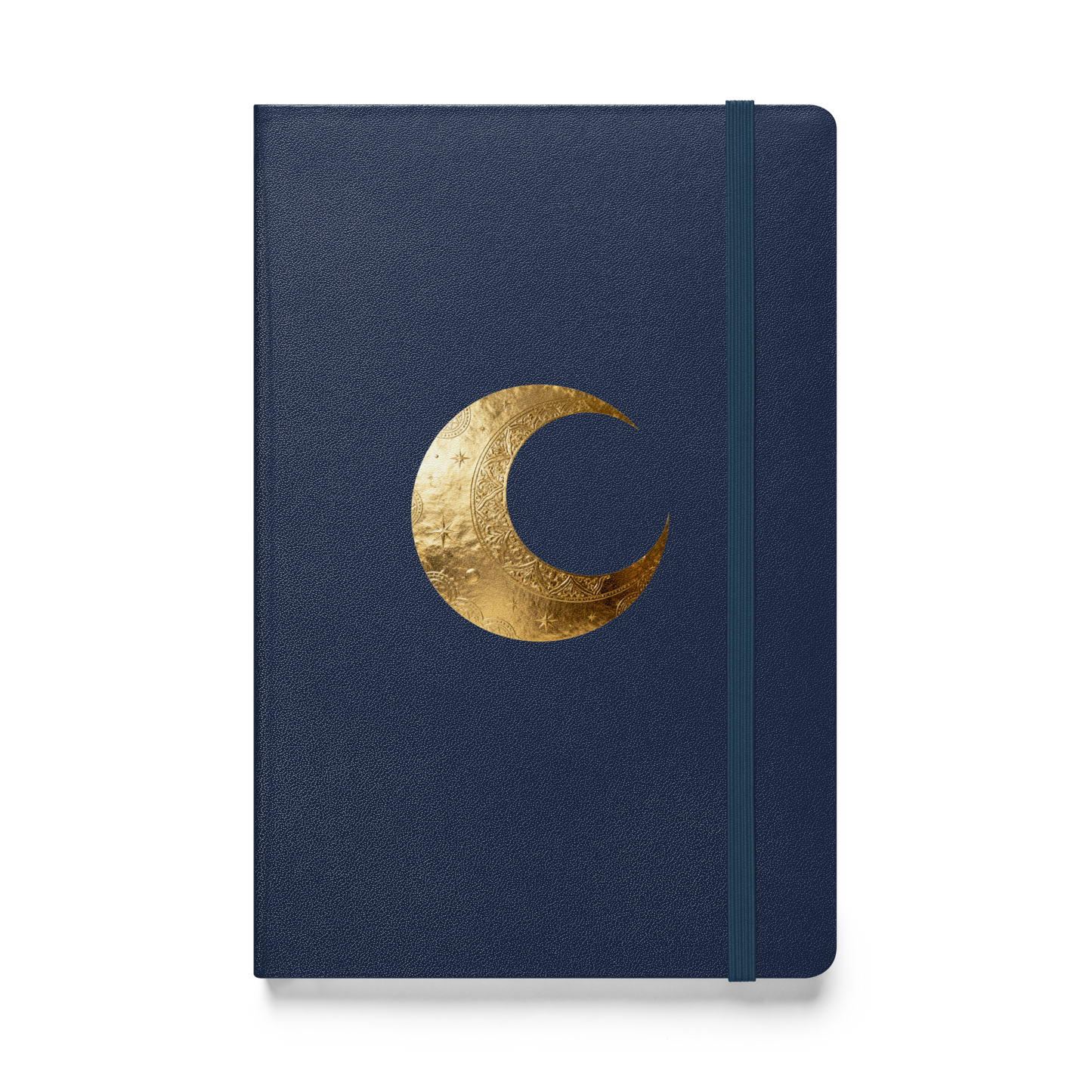 Hardcover Notizbuch mit goldenem Mondsymbol auf dunkelblauem Einband als transparente Vorderansicht.