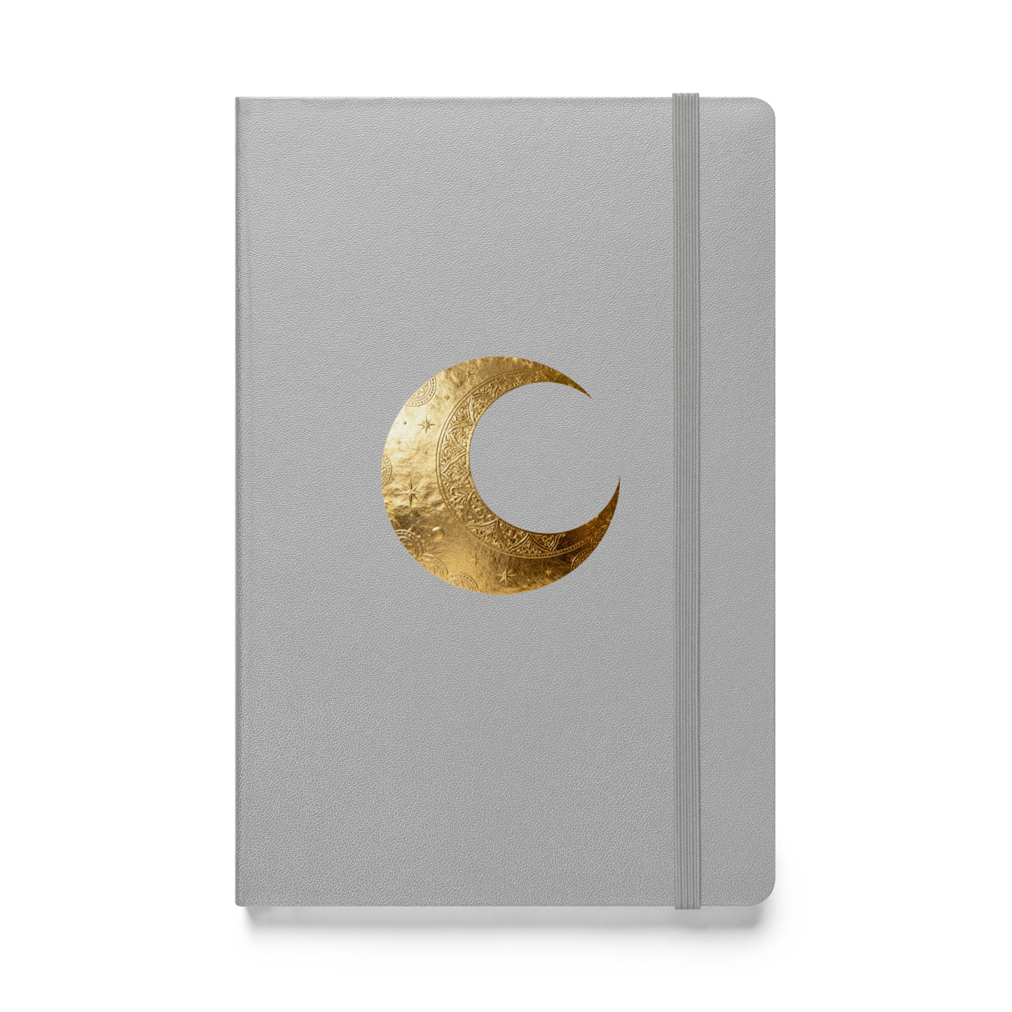 Hardcover Notizbuch mit goldenem Mondsymbol auf grauem Einband als transparente Vorderansicht.