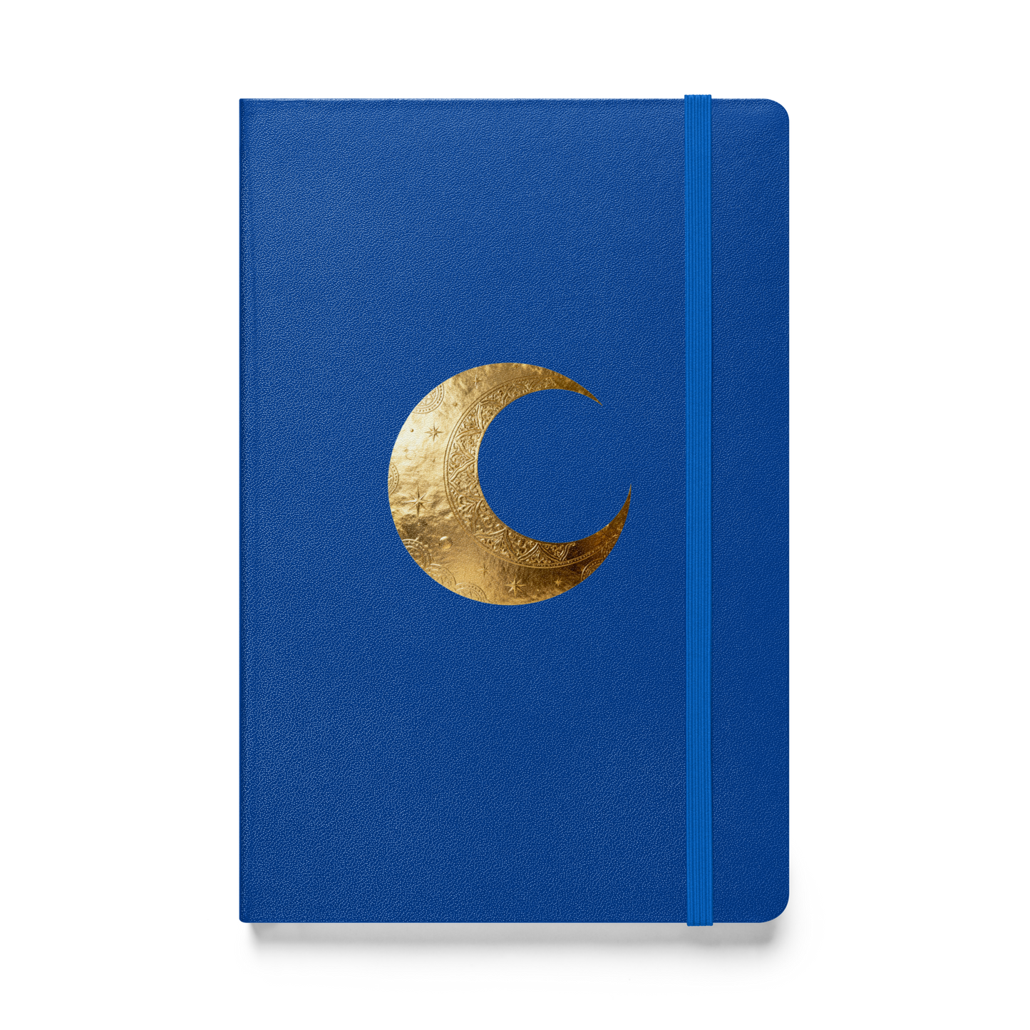 Hardcover Notizbuch mit goldenem Mondsymbol auf kobaltblauem Einband als transparente Vorderansicht.
