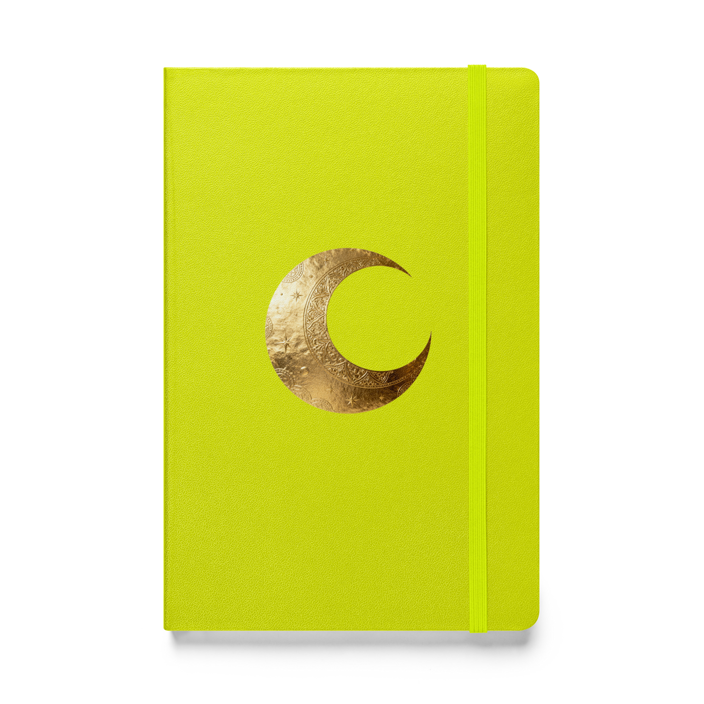 Hardcover Notizbuch mit goldenem Mondsymbol auf limettengrünem Einband als transparente Vorderansicht.