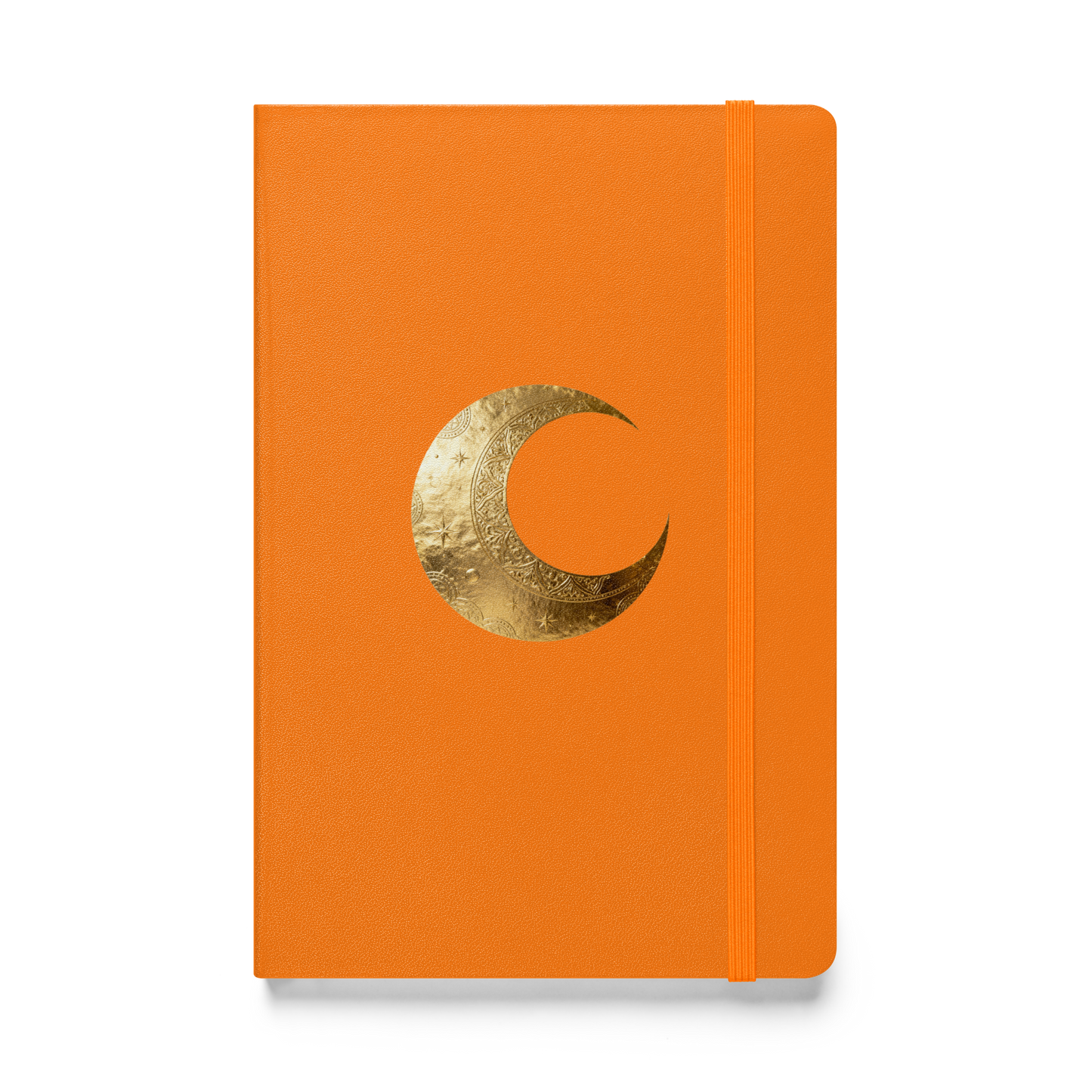 Hardcover Notizbuch mit goldenem Mondsymbol auf orangefarbenem Einband als transparente Vorderansicht.