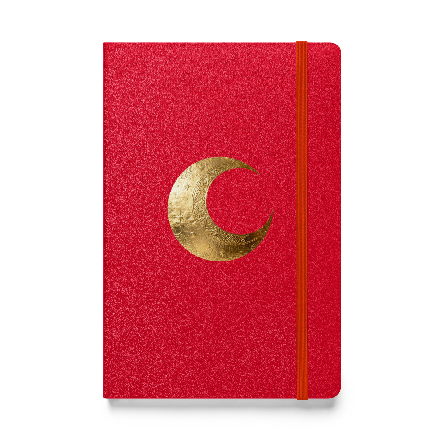 Hardcover Notizbuch mit goldenem Mondsymbol auf rotem Einband als transparente Vorderansicht.