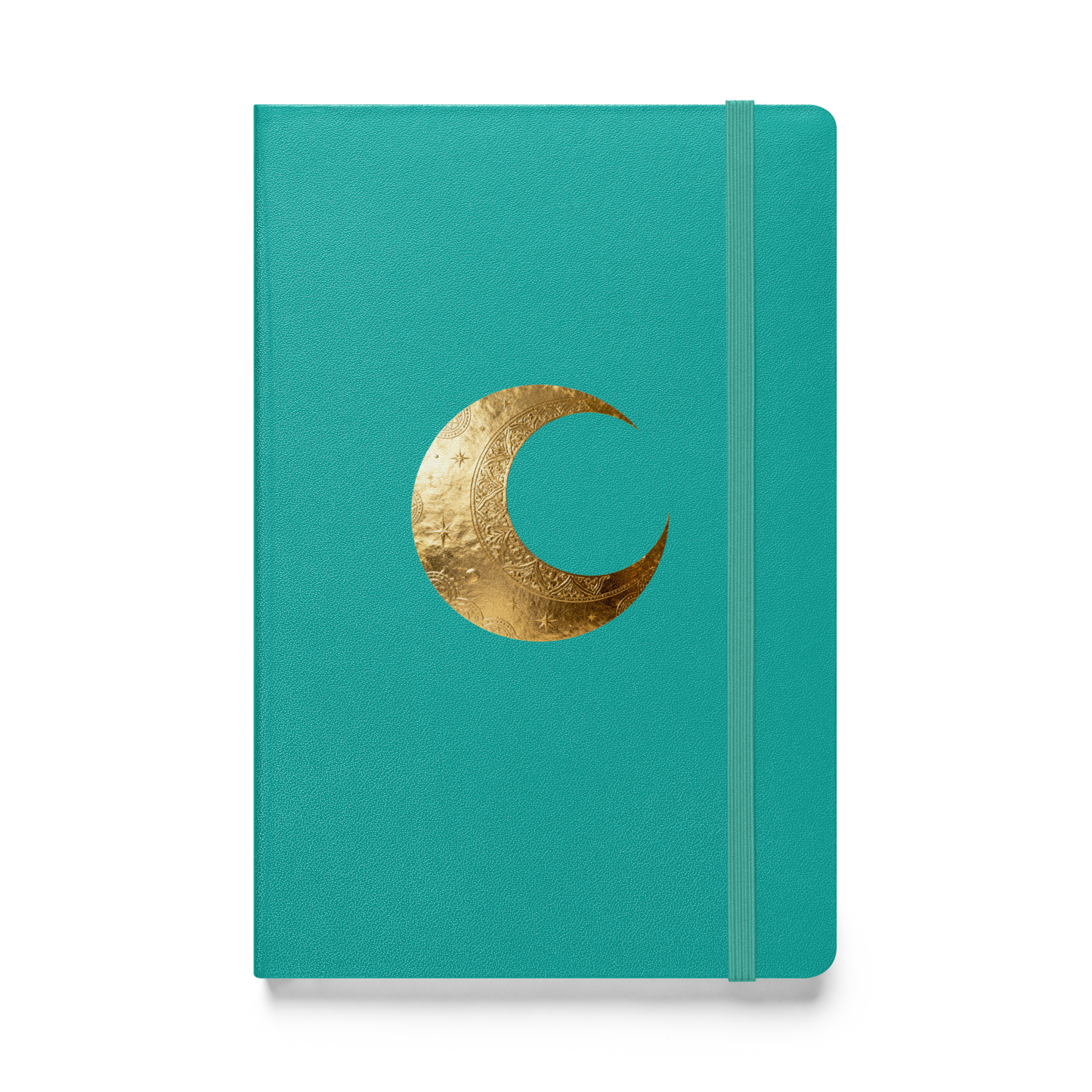 Hardcover Notizbuch mit goldenem Mondsymbol auf türkisfarbenem Einband als transparente Vorderansicht.