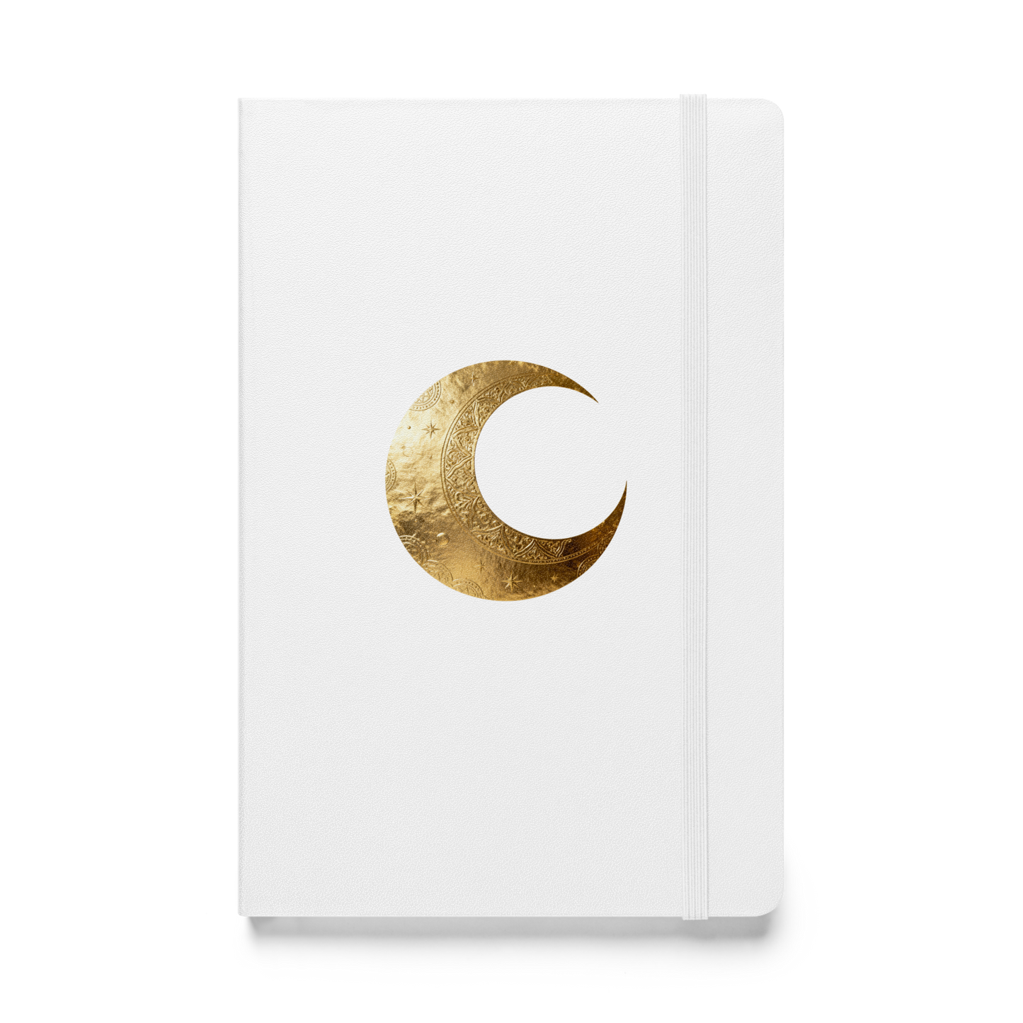 Hardcover Notizbuch mit goldenem Mondsymbol auf weißem Einband als transparente Vorderansicht.