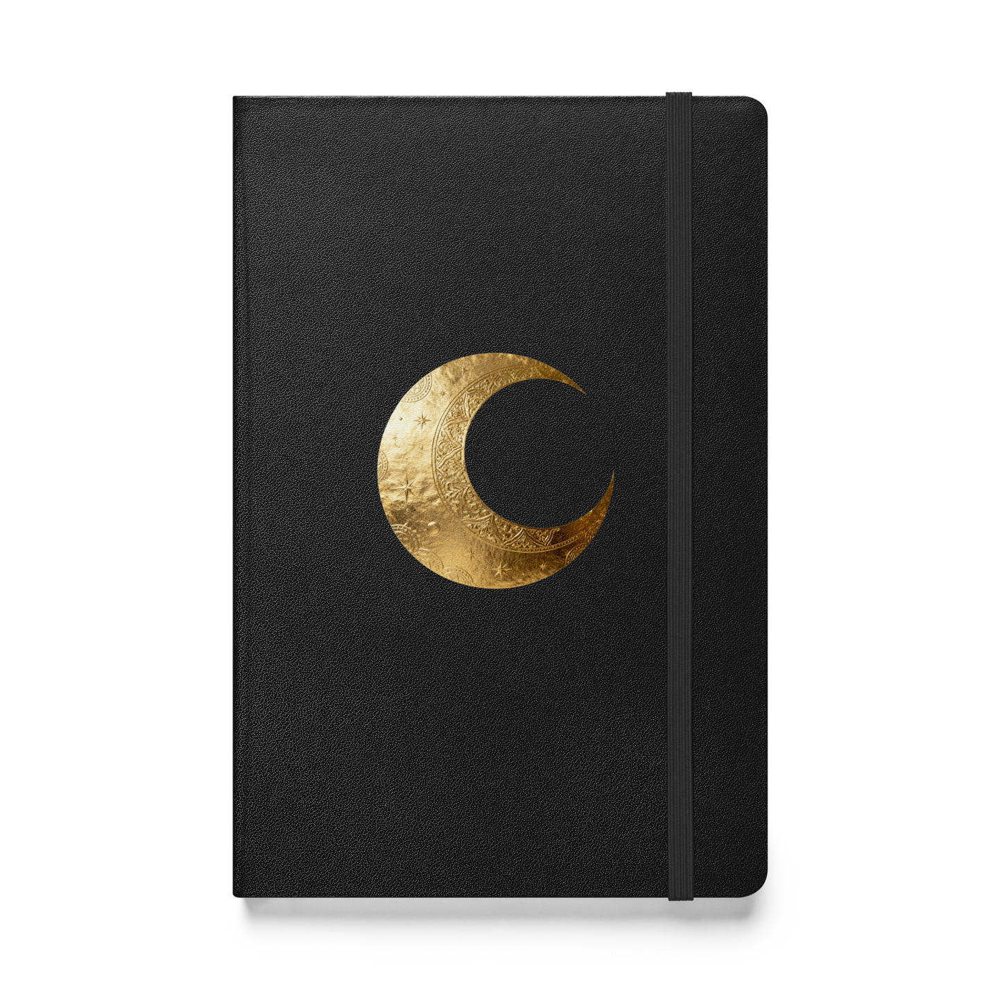 Hardcover Notizbuch mit goldenem Mondsymbol auf schwarzem Einband als transparente Vorderansicht.