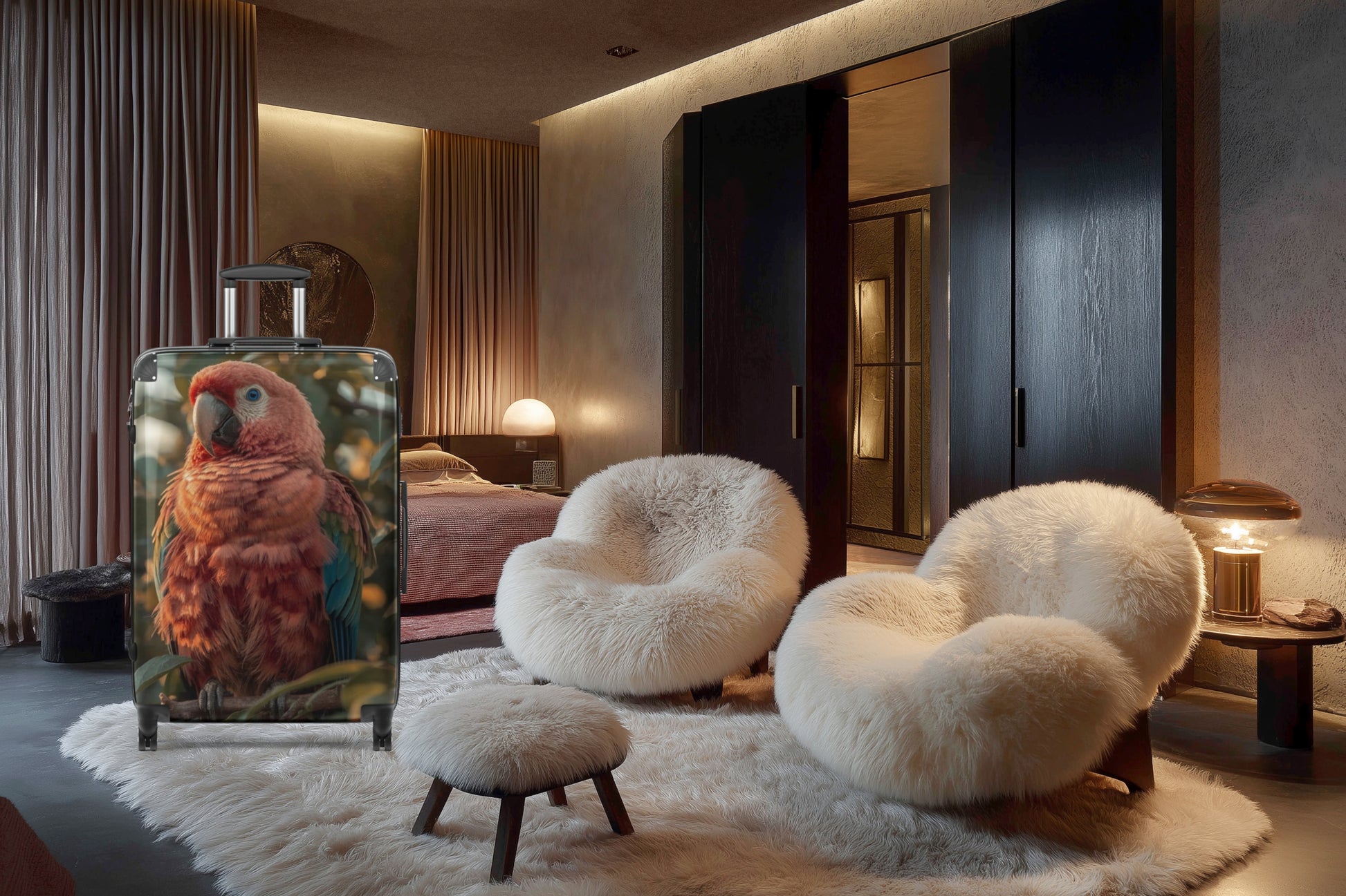 Hartschalenkoffer mit buntem Ara Papagei in einer stilvollen Hotelzimmerumgebung. Das farbenreiche Vogelmotiv mit Flamingo-, Orange- und Blautönen bildet einen lebendigen Kontrast zur warmen, eleganten Inneneinrichtung und unterstreicht die außergewöhnliche Ausstrahlung des Koffers.