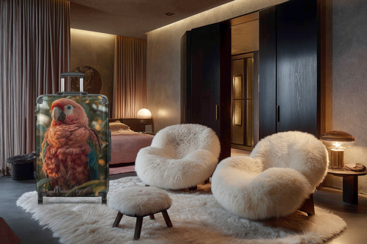 Hartschalenkoffer mit buntem Ara Papagei in einer stilvollen Hotelzimmerumgebung. Das farbenreiche Vogelmotiv mit Flamingo-, Orange- und Blautönen bildet einen lebendigen Kontrast zur warmen, eleganten Inneneinrichtung und unterstreicht die außergewöhnliche Ausstrahlung des Koffers.