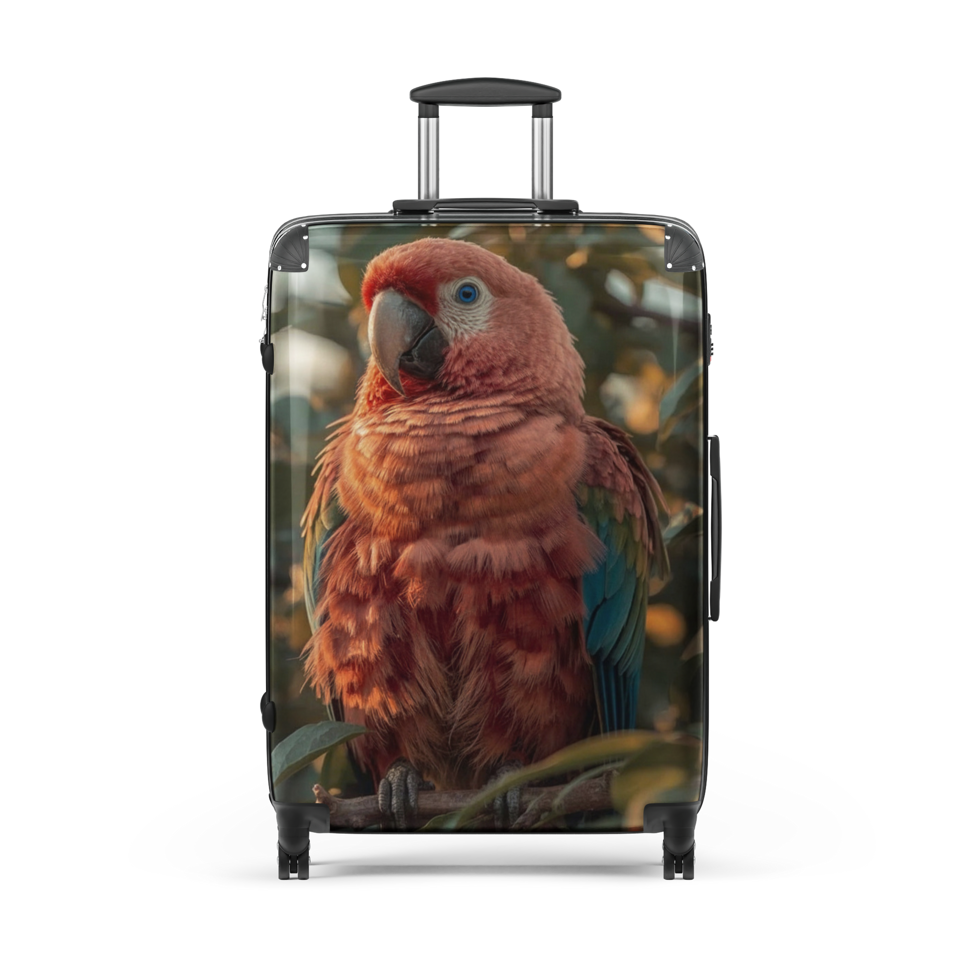 Freigestellter Hartschalenkoffer in der Größe Large mit buntem Ara Papagei in einer atmosphärischen Naturkulisse. Das Motiv zeigt ein farbenreiches Gefieder mit Flamingo-, Orange- und Blautönen sowie die charakteristischen blauen Augen des Vogels.