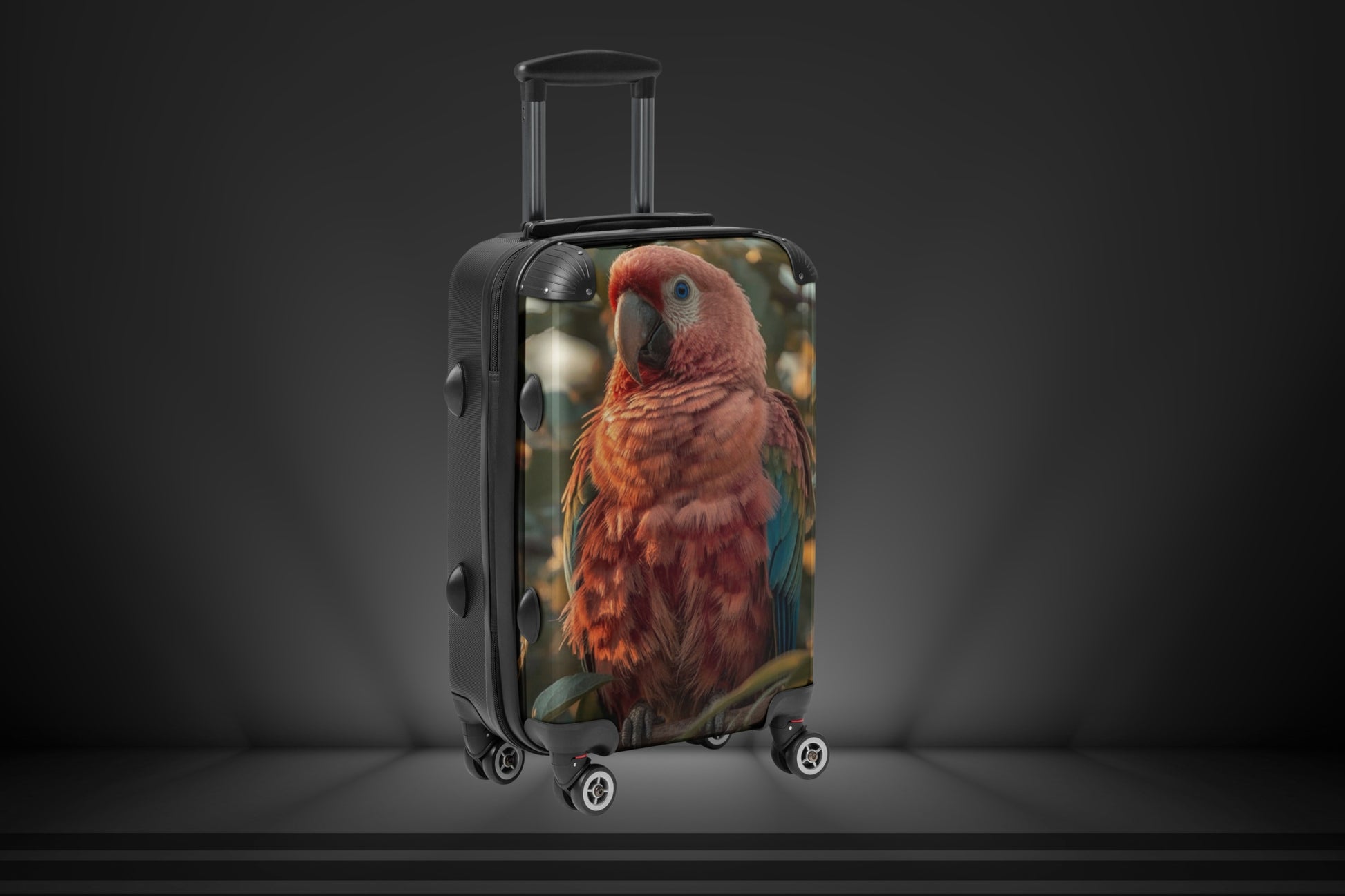 Hartschalenkoffer mit buntem Ara Papagei in rechter Seitenansicht. Die Perspektive zeigt die Tiefe des Koffers sowie das farbenreiche Vogelmotiv mit seinen warmen Flamingo-, Orange- und Blautönen in einer atmosphärischen Naturkulisse.