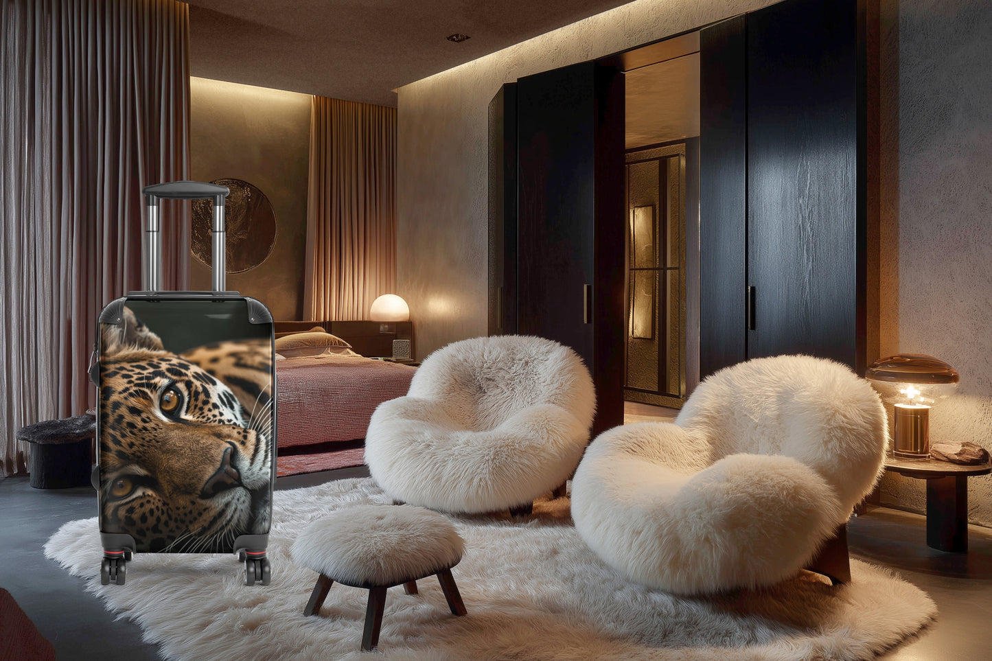 Hartschalenkoffer mit Leopardenmotiv in einem eleganten Hotelzimmer mit warmer Beleuchtung und hochwertigem Ambiente.