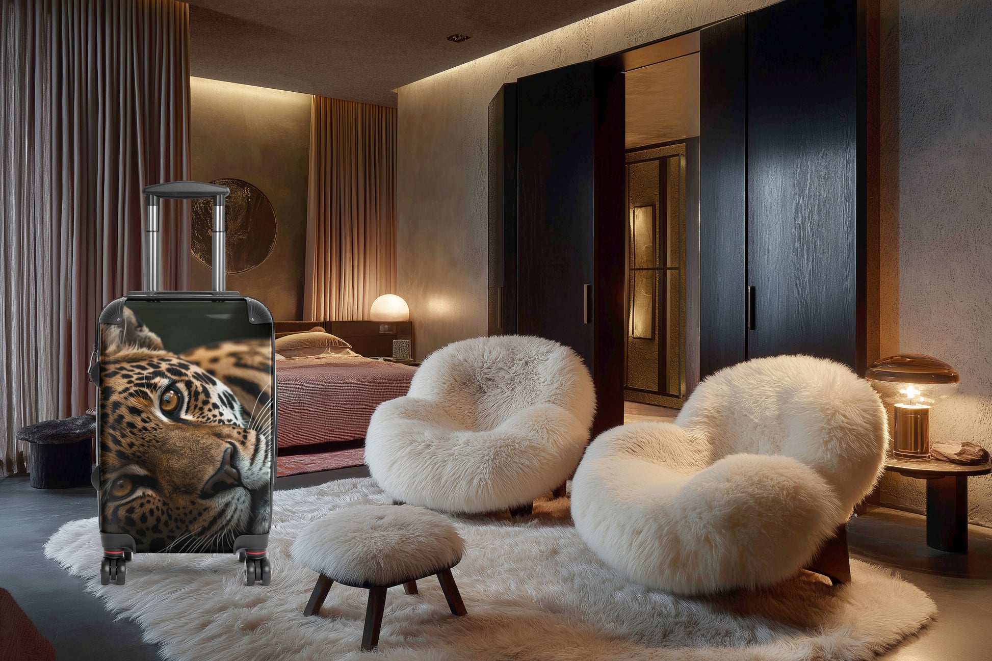 Hartschalenkoffer mit Leopardenmotiv in einem eleganten Hotelzimmer mit warmer Beleuchtung und hochwertigem Ambiente.