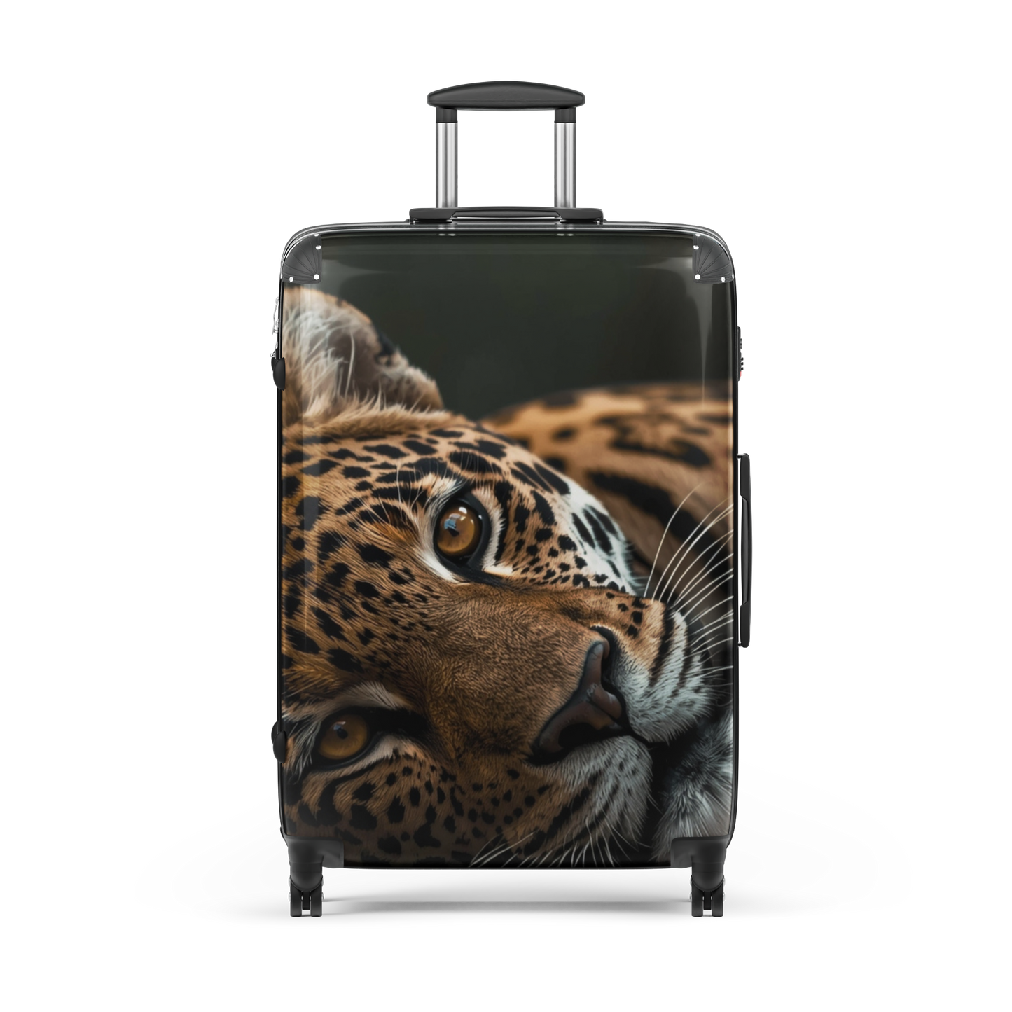 Hartschalenkoffer mit großflächigem Leopardenmotiv und transparentem Hintergrund zur Darstellung des Designs ohne zusätzliche Umgebung.