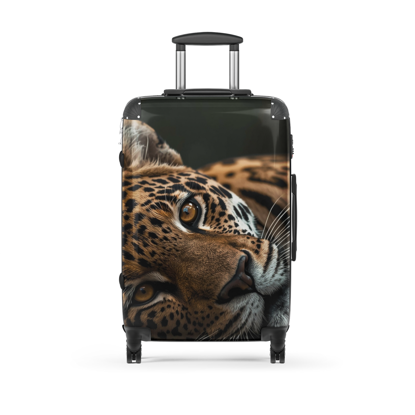 Hartschalenkoffer mit großflächigem Leopardenmotiv und transparentem Hintergrund zur Darstellung des Designs ohne zusätzliche Umgebung.