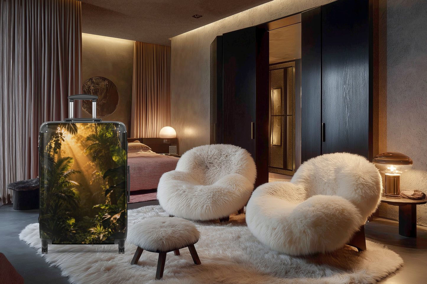 Hartschalenkoffer mit atmosphärischem Regenwaldmotiv und goldenen Lichtstrahlen in einem stilvollen Hotelzimmer mit warmem Licht, modernen Möbeln und hochwertiger Einrichtung.