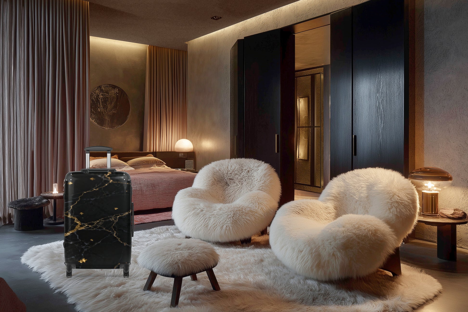 Hartschalenkoffer in schwarzer Marmoroptik mit goldenen Adern in einem elegant eingerichteten Hotelzimmer mit luxuriösem Ambiente und warmen Lichtakzenten