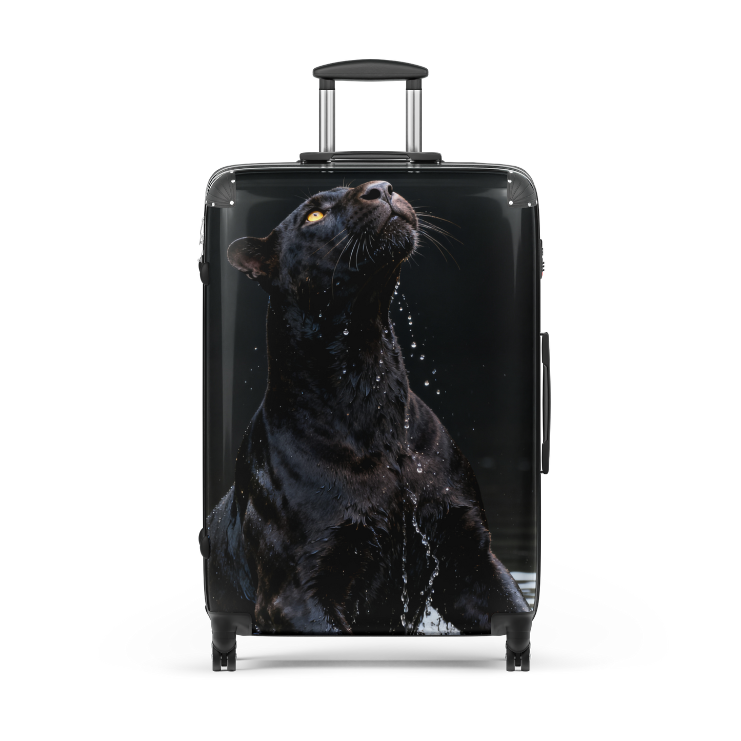Hartschalenkoffer Large mit schwarzem Panther im Wasser auf transparentem Hintergrund. Ausdrucksstarkes Tiermotiv mit leuchtenden Augen, dunkler Farbgebung und eleganter Reiseoptik.