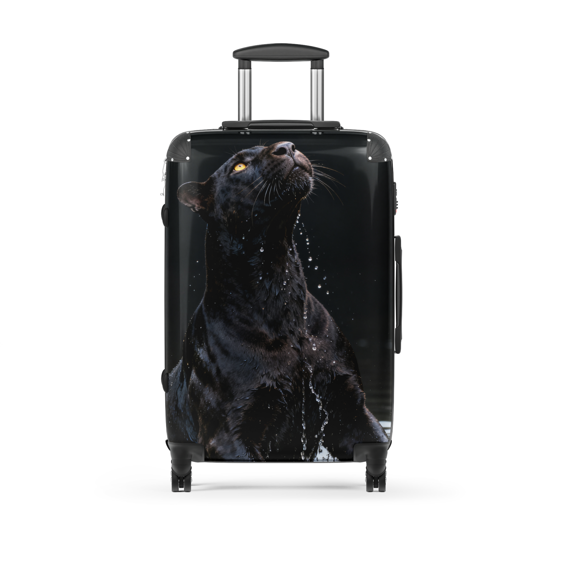 Hartschalenkoffer Medium mit schwarzem Panther im Wasser auf transparentem Hintergrund. Das markante Tiermotiv mit leuchtenden Augen und dunkler Farbgebung verleiht dem Koffer eine elegante und kraftvolle Ausstrahlung.