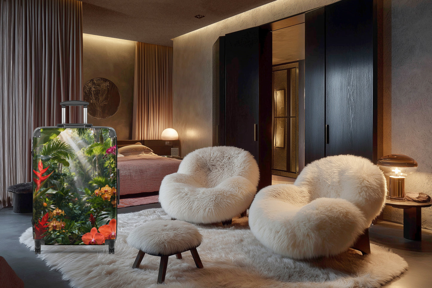 Hartschalenkoffer mit tropischem Dschungelmotiv, exotischen Blüten und üppigem Blattwerk in einem stilvollen Hotelzimmer mit warmem Licht und hochwertigem Ambiente. Die farbenreiche Regenwaldszene verleiht dem Koffer eine elegante und fernwehvolle Ausstrahlung.