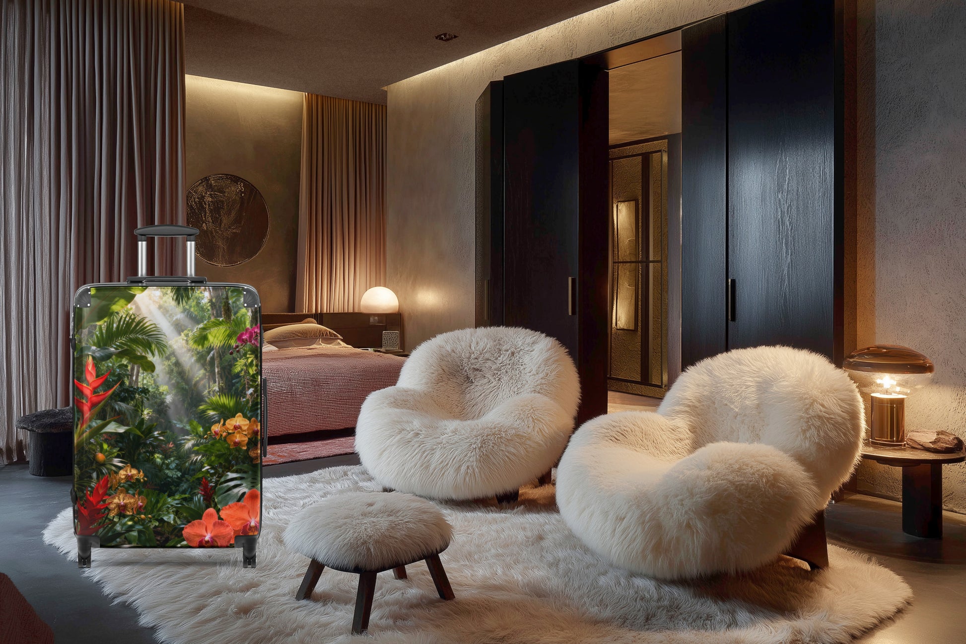 Hartschalenkoffer mit tropischem Dschungelmotiv, exotischen Blüten und üppigem Blattwerk in einem stilvollen Hotelzimmer mit warmem Licht und hochwertigem Ambiente. Die farbenreiche Regenwaldszene verleiht dem Koffer eine elegante und fernwehvolle Ausstrahlung.