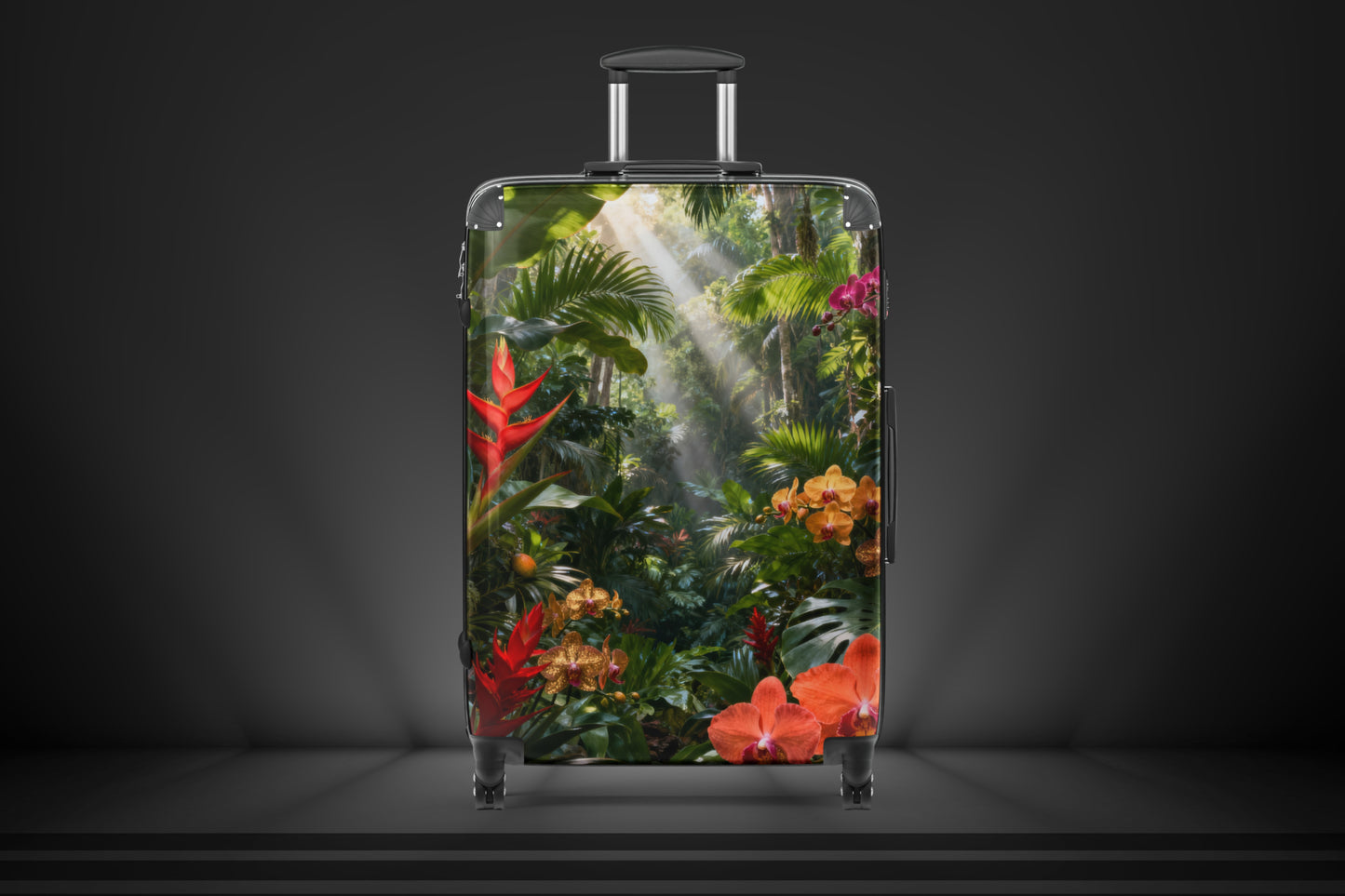 Hartschalenkoffer Large mit tropischem Dschungelmotiv, exotischen Blüten, üppigem Blattwerk und einfallenden Sonnenstrahlen in einer dunklen Studioinszenierung. Die farbenreiche Regenwaldszene erzeugt eine luxuriöse, fernwehvolle Ausstrahlung und setzt kraftvolle Akzente auf Reisen.