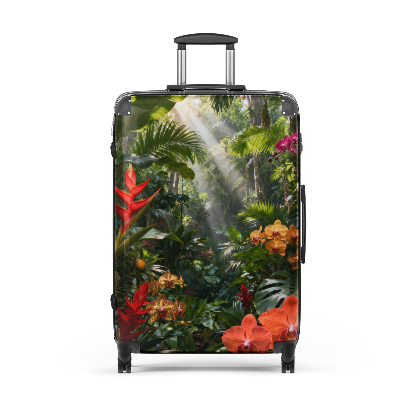 Hartschalenkoffer Large mit tropischem Dschungelmotiv, exotischen Blüten, üppigem Blattwerk und einfallenden Sonnenstrahlen auf transparentem Hintergrund. Die detailreiche Regenwaldszene verbindet Fernweh, Natur und tropische Eleganz für längere Reisen und besondere Reiseziele.