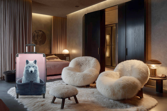 Hartschalenkoffer mit weißem Wolf in einem Boot vor rosafarbenem Hintergrund, präsentiert in einem stilvoll eingerichteten Hotelzimmer mit warmem Licht und eleganter Einrichtung.