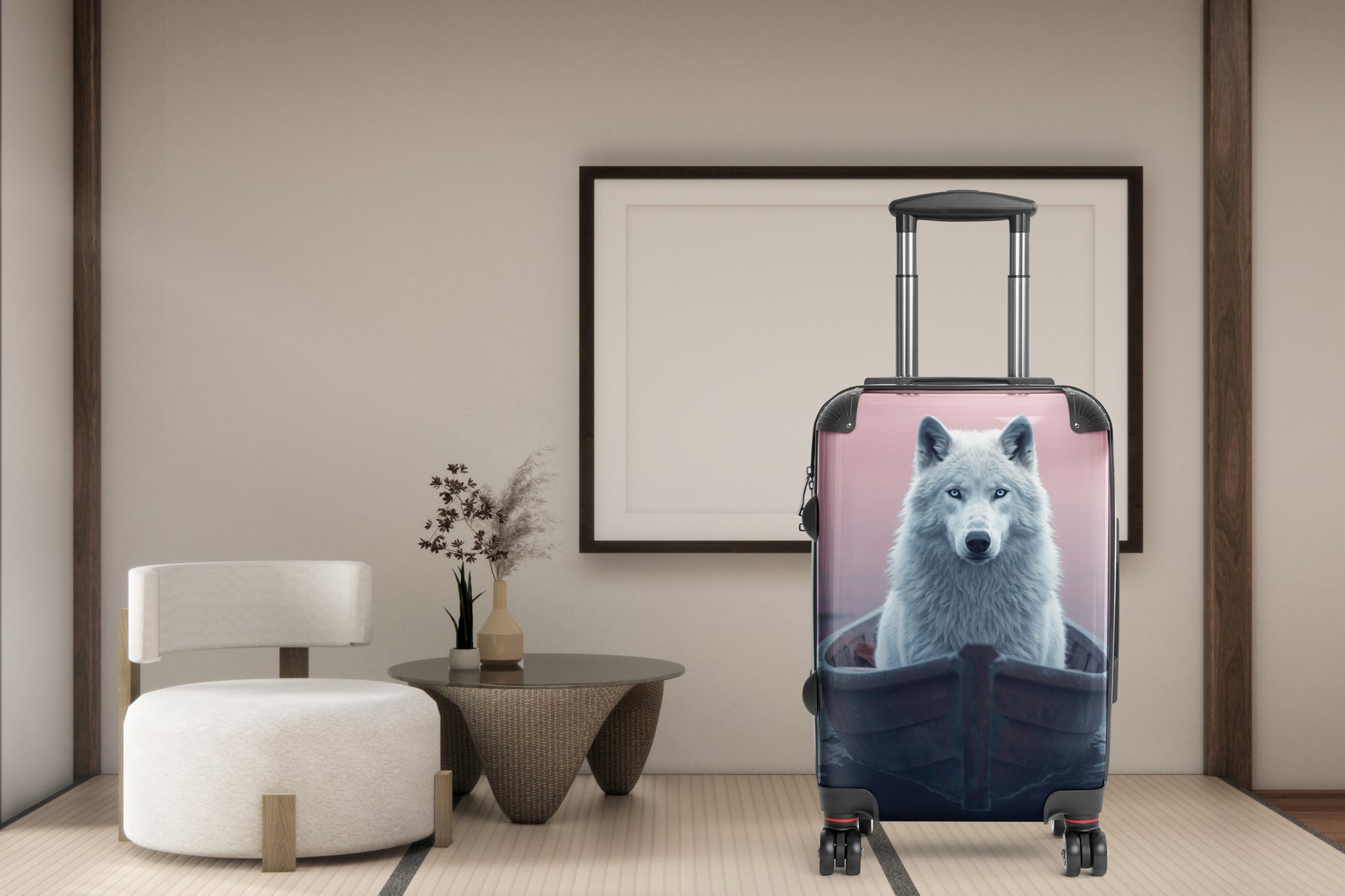 Hartschalenkoffer mit Motiv eines weißen Wolfs in einem Boot vor einer sanften Rosa-Blau-Kulisse. Die atmosphärische Szene verbindet Ruhe, Weite und Naturverbundenheit und wird in einem stilvollen Wohnambiente präsentiert.