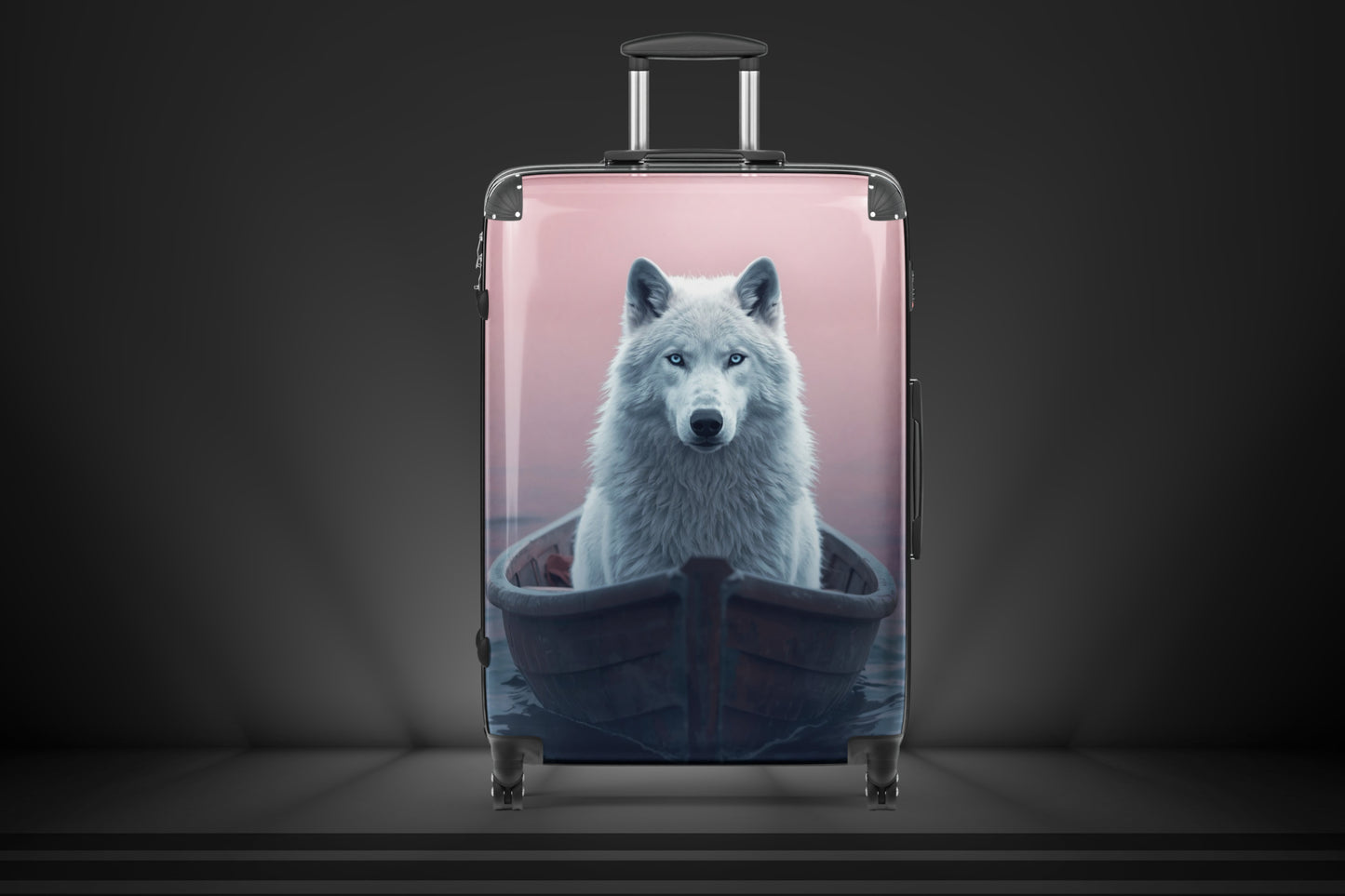 Hartschalenkoffer mit weißem Wolf in einem Boot vor rosafarbenem Hintergrund in der Größe Large. Die Frontalansicht hebt die ausdrucksstarke Szene auf dem Wasser sowie die feinen Fell- und Motivdetails besonders wirkungsvoll hervor.