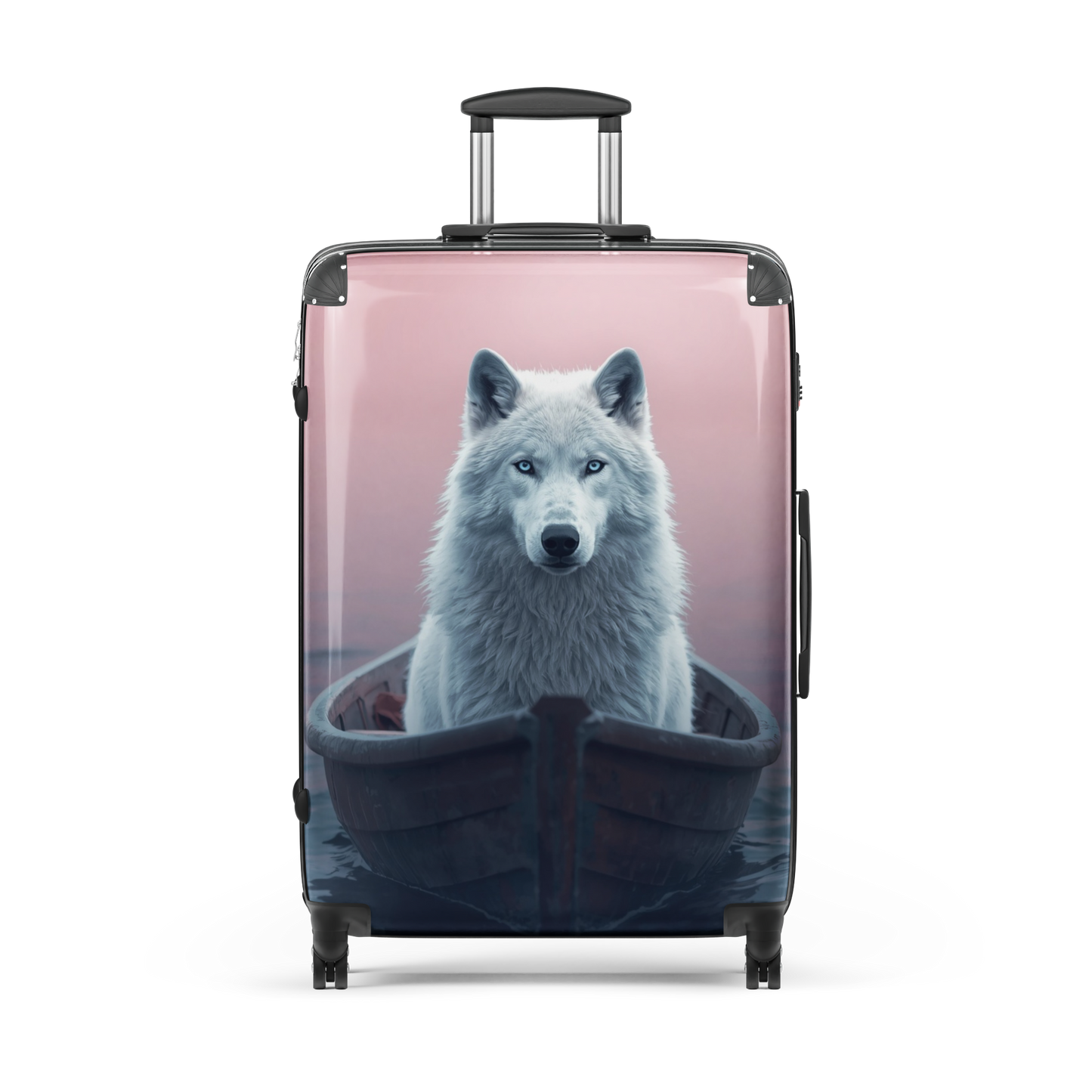 Freigestellter Hartschalenkoffer in der Größe Large mit weißem Wolf in einem Boot vor rosafarbenem Hintergrund. Die Produktansicht zeigt das vollständige Motiv, die großzügige Kofferform sowie Teleskopgriff und vier leichtgängige Doppelrollen.