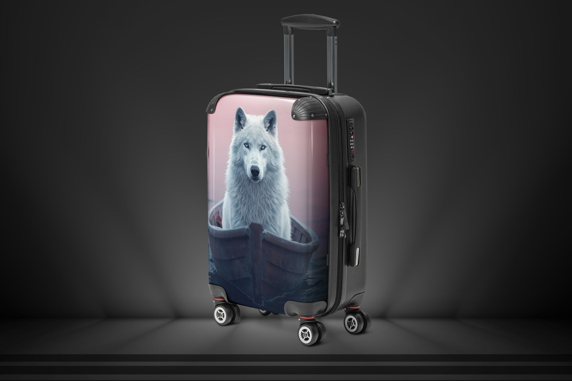 Hartschalenkoffer mit weißem Wolf in einem Boot vor rosafarbenem Hintergrund in der Größe Large. Die linke Seitenansicht zeigt die Tiefe des Koffers sowie die harmonische Verbindung aus Tiermotiv, Wasserlandschaft und sanften Farbtönen.