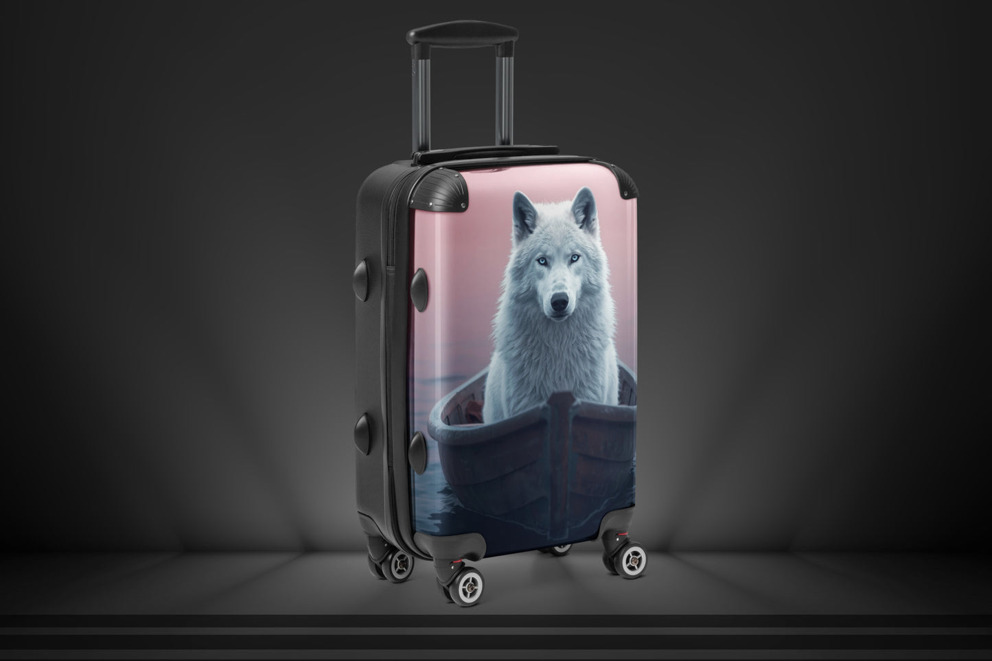 Hartschalenkoffer mit weißem Wolf in einem Boot vor rosafarbenem Hintergrund in der Größe Large. Die rechte Seitenansicht zeigt die Form des Koffers sowie das großflächige Wolfsmotiv mit seiner atmosphärischen Wasserlandschaft.