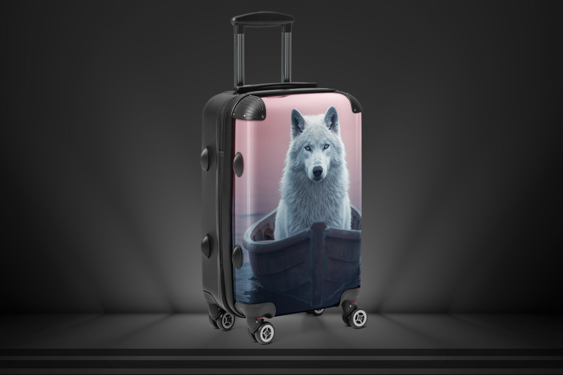 Hartschalenkoffer mit weißem Wolf in einem Boot vor rosafarbenem Hintergrund in der Größe Large. Die rechte Seitenansicht zeigt die Form des Koffers sowie das großflächige Wolfsmotiv mit seiner atmosphärischen Wasserlandschaft.