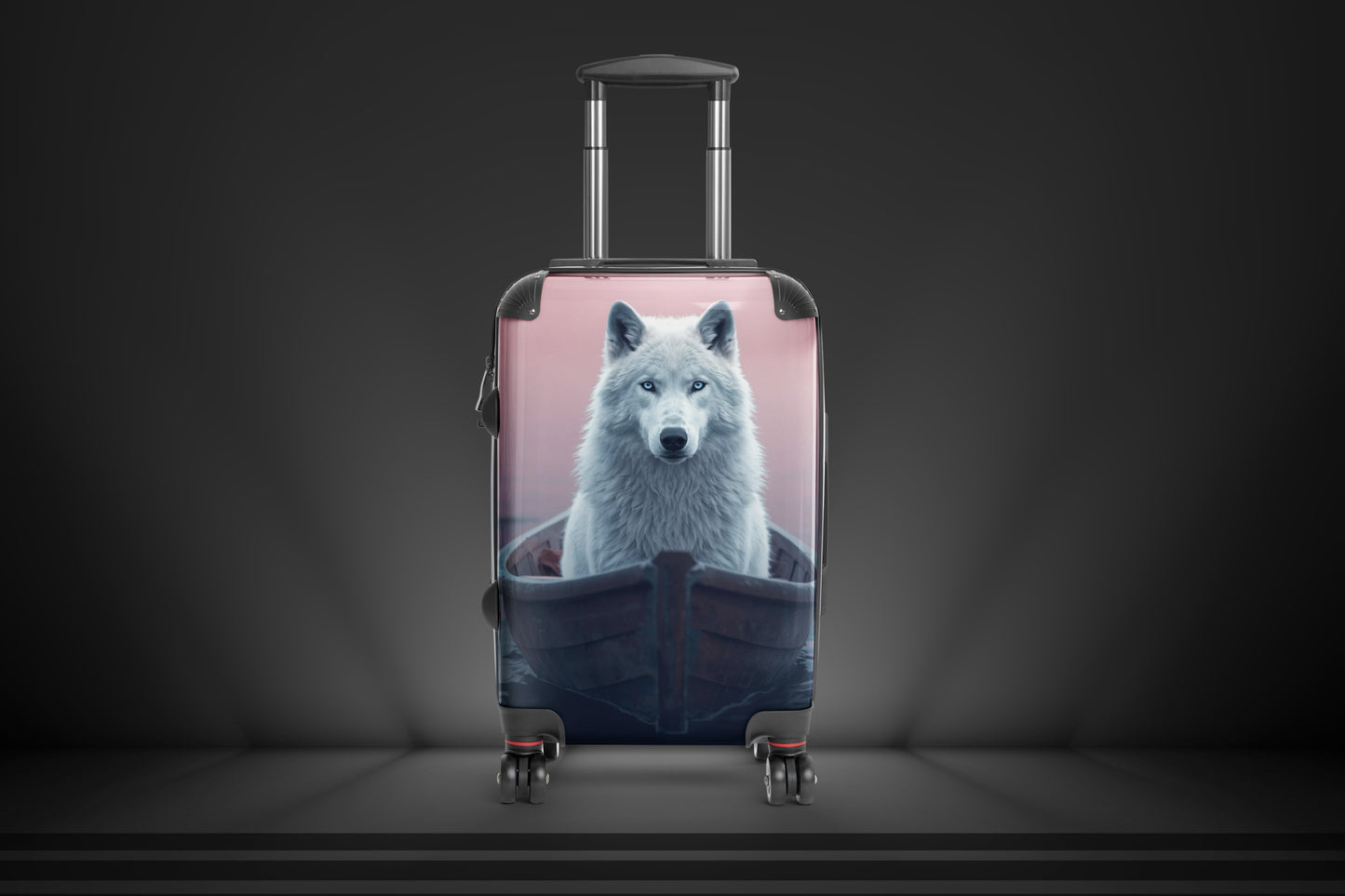 Hartschalenkoffer mit weißem Wolf in einem Boot vor rosafarbenem Hintergrund in Frontalansicht. Das Tiermotiv wird vor dunklem Hintergrund wirkungsvoll hervorgehoben und zeigt feine Fellstrukturen sowie eine atmosphärische Farbgestaltung.