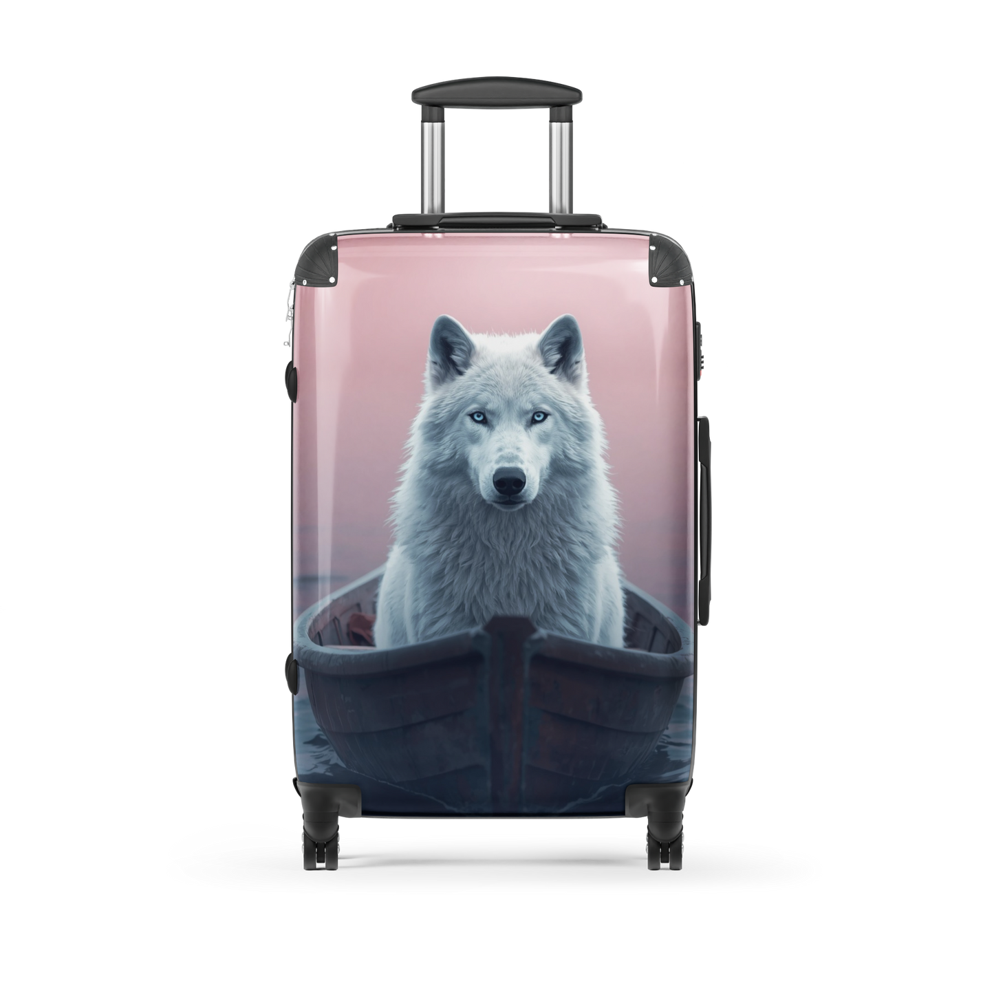 Freigestellter Hartschalenkoffer in der Größe Medium mit weißem Wolf in einem Boot vor rosafarbenem Hintergrund. Die Produktansicht zeigt das vollständige Wolfsmotiv, die ausgewogenen Proportionen des Koffers sowie Teleskopgriff und Doppelrollen.