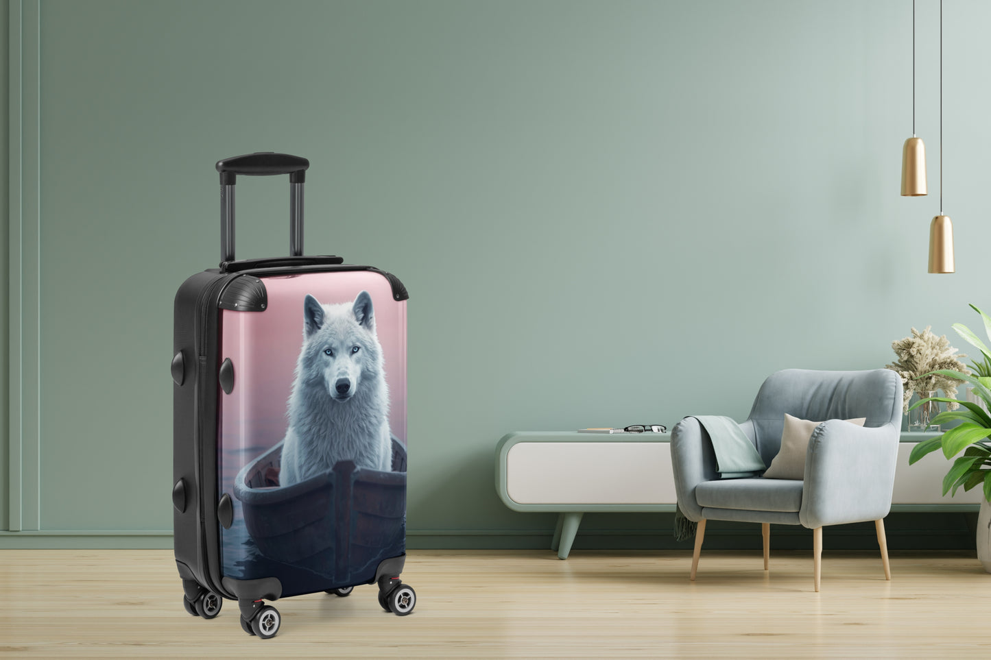 Hartschalenkoffer mit Motiv eines weißen Wolfs in einem Boot vor einer sanften Rosa-Blau-Kulisse in Seitenansicht. Präsentiert in einem stilvollen Wohnraum mit hellem Sessel, dezenten Naturtönen und moderner Einrichtung, wirkt das Motiv zugleich ruhig und ausdrucksstark. 